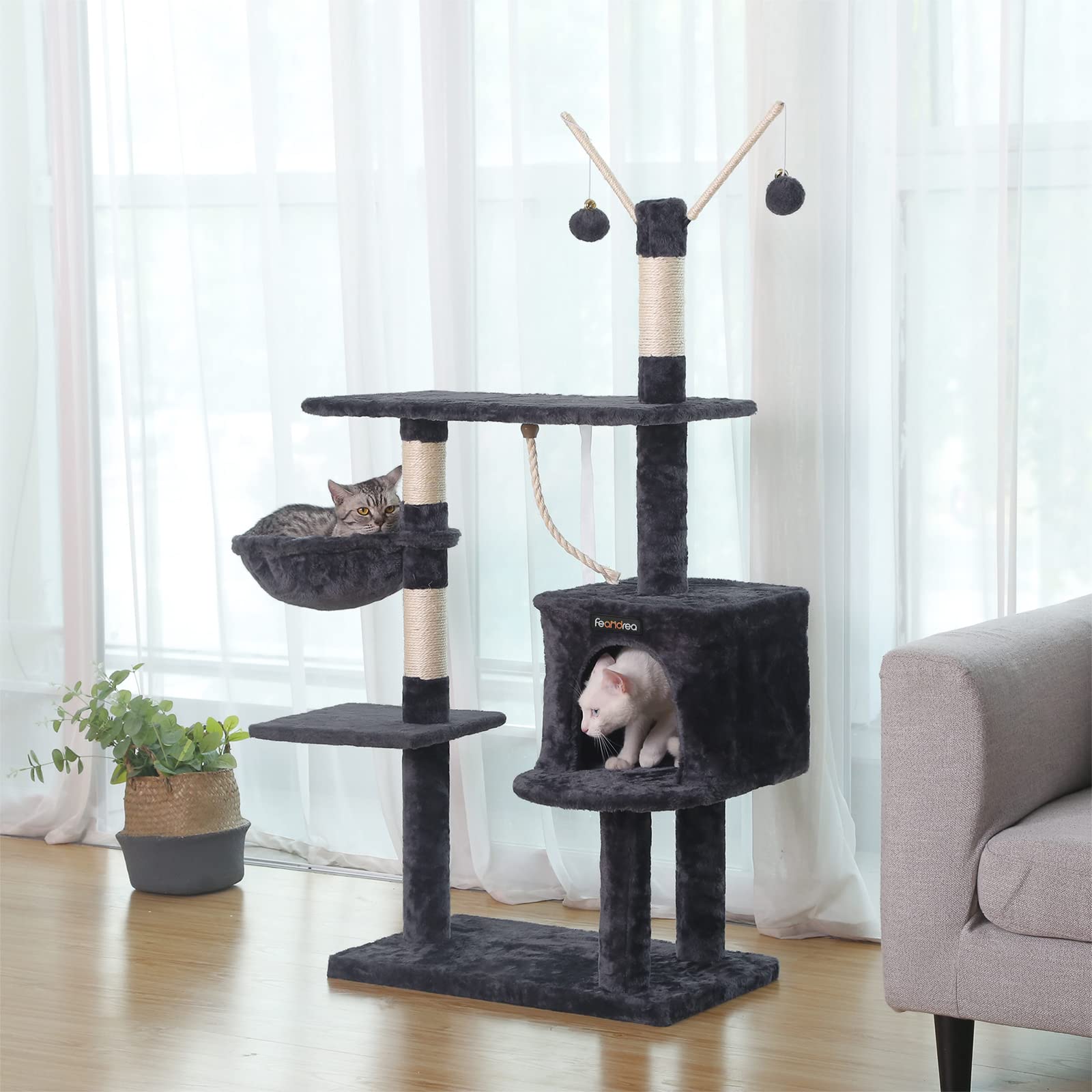 FEANDREA 134cm Cat Tree Scratcher | Multi-Level Condo with 2 Houses - Grey