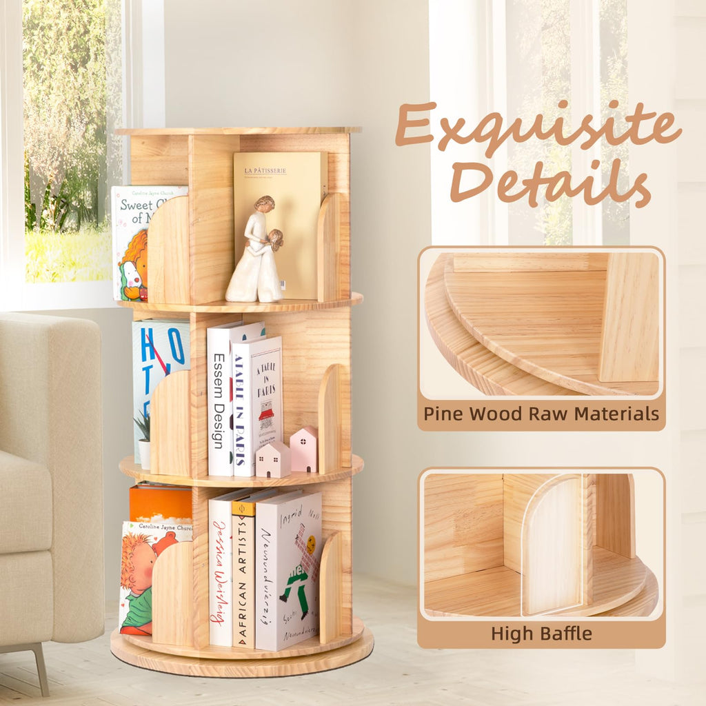 OOOK Solid Wood Rotating Bookshelf, 360 Degree 3 Tier Children's Revolving Bookcase, Kids Bookshelf for Small Space, Kids Room, Study, Nursery - image 3