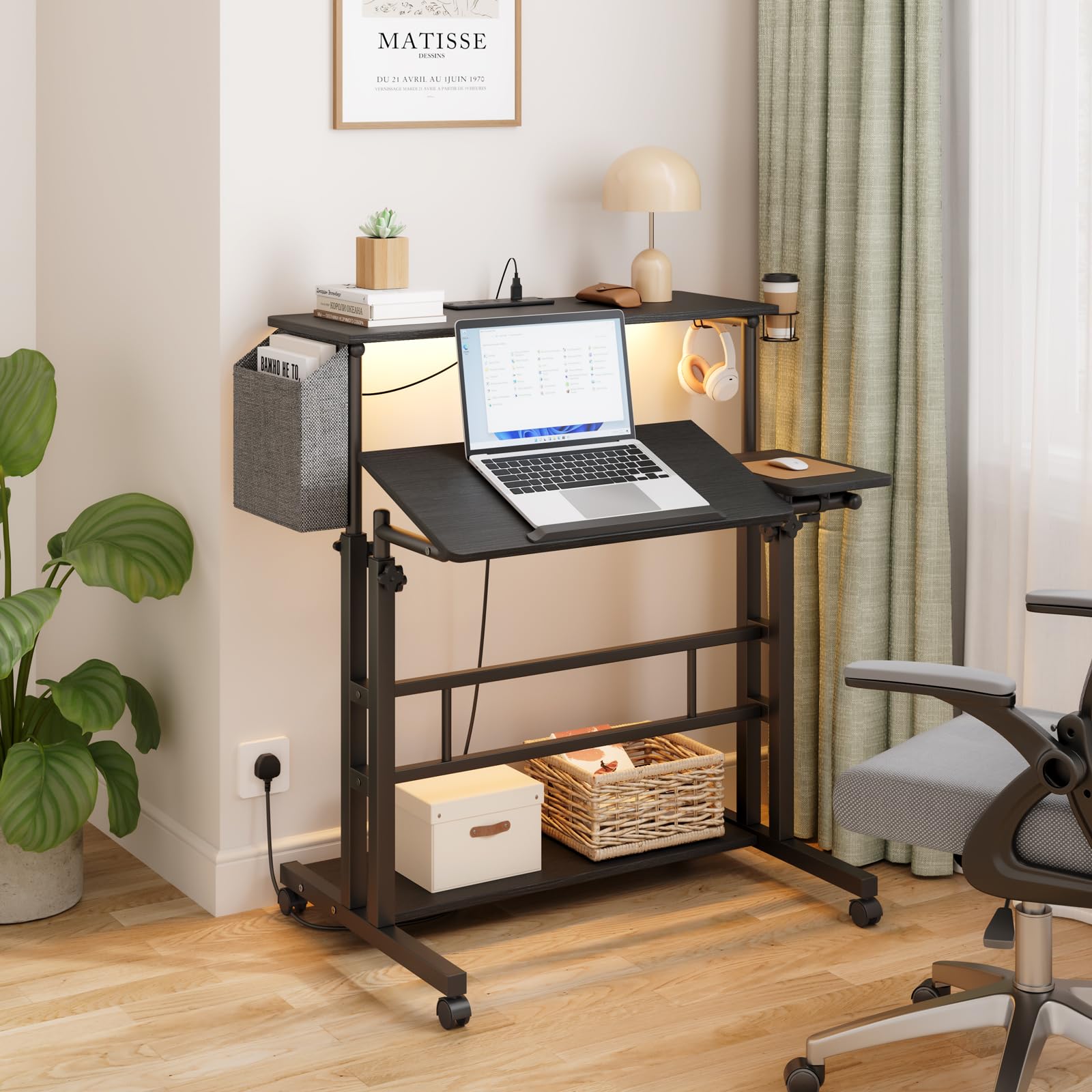 Dripex Mobile Standing Desk with LED Lights & Power Outlets | Rolling