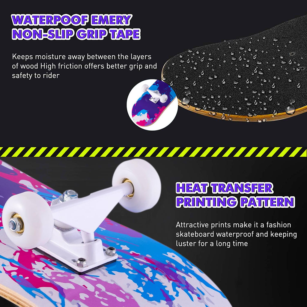 CLYCTIP Complete Skateboard | 31x8 Inch 8-Layer Maple Deck for Beginners