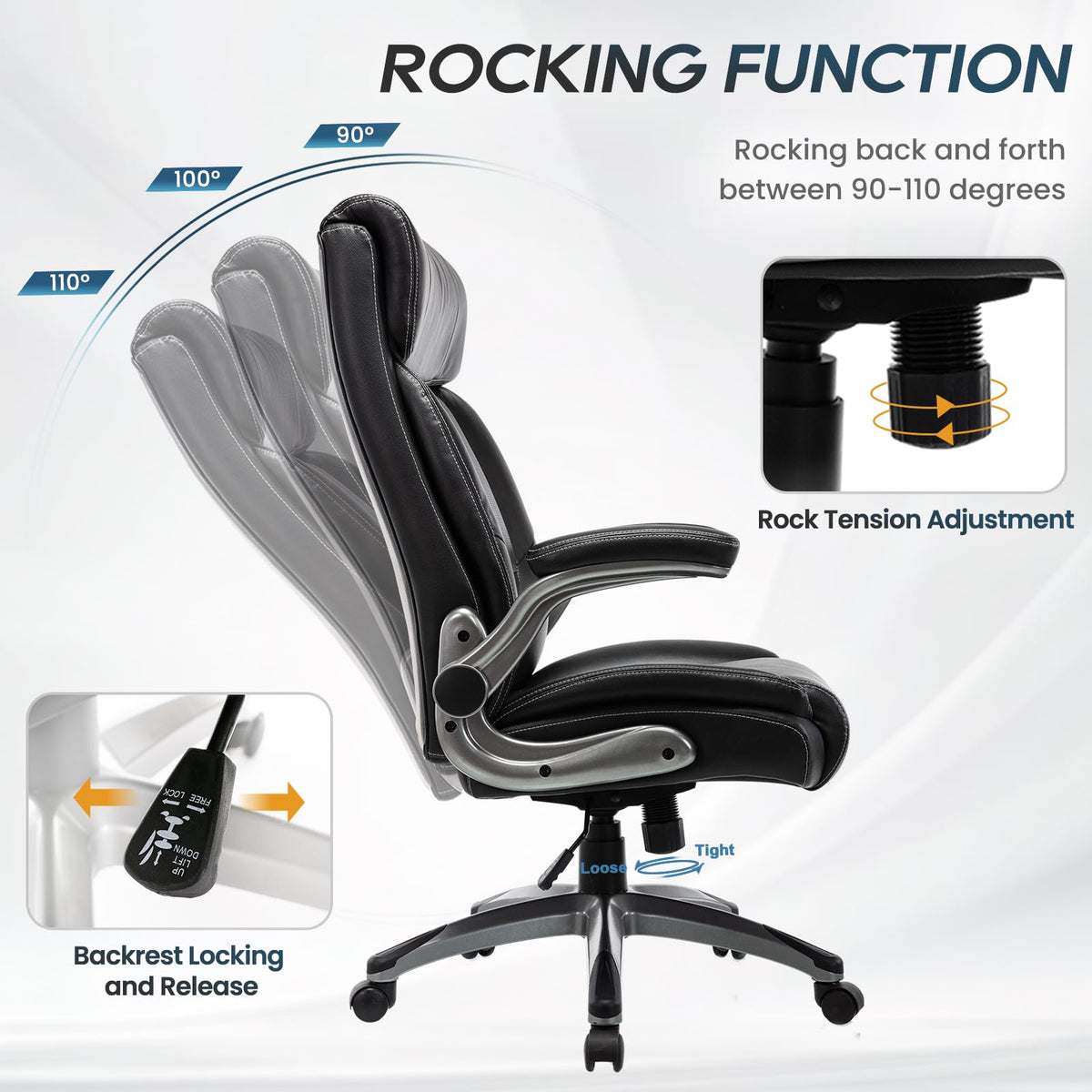 Ergonomic Executive Office Chair with Adjustable Lumbar Support, Flip-up Armrests, Double Padded Seat & Tilt Function - image 3