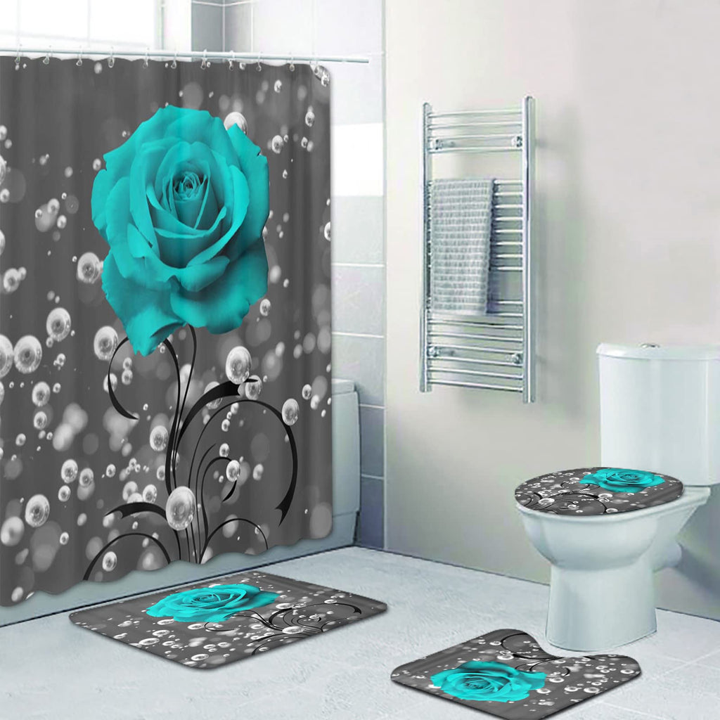 4 Piece Shower Curtain with Bath Rugs Bathroom Sets, Rustic Blue Rose Flower with Butterfly Bathtub Accessory Kit -- Carpet ,U Shape Mat and Toilet - image 2