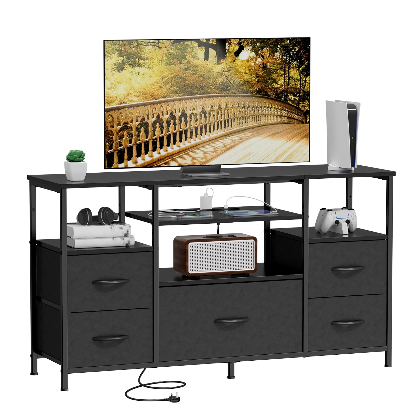 COWISH 5-Drawer Dresser TV Stand with Charging Outlets – Black