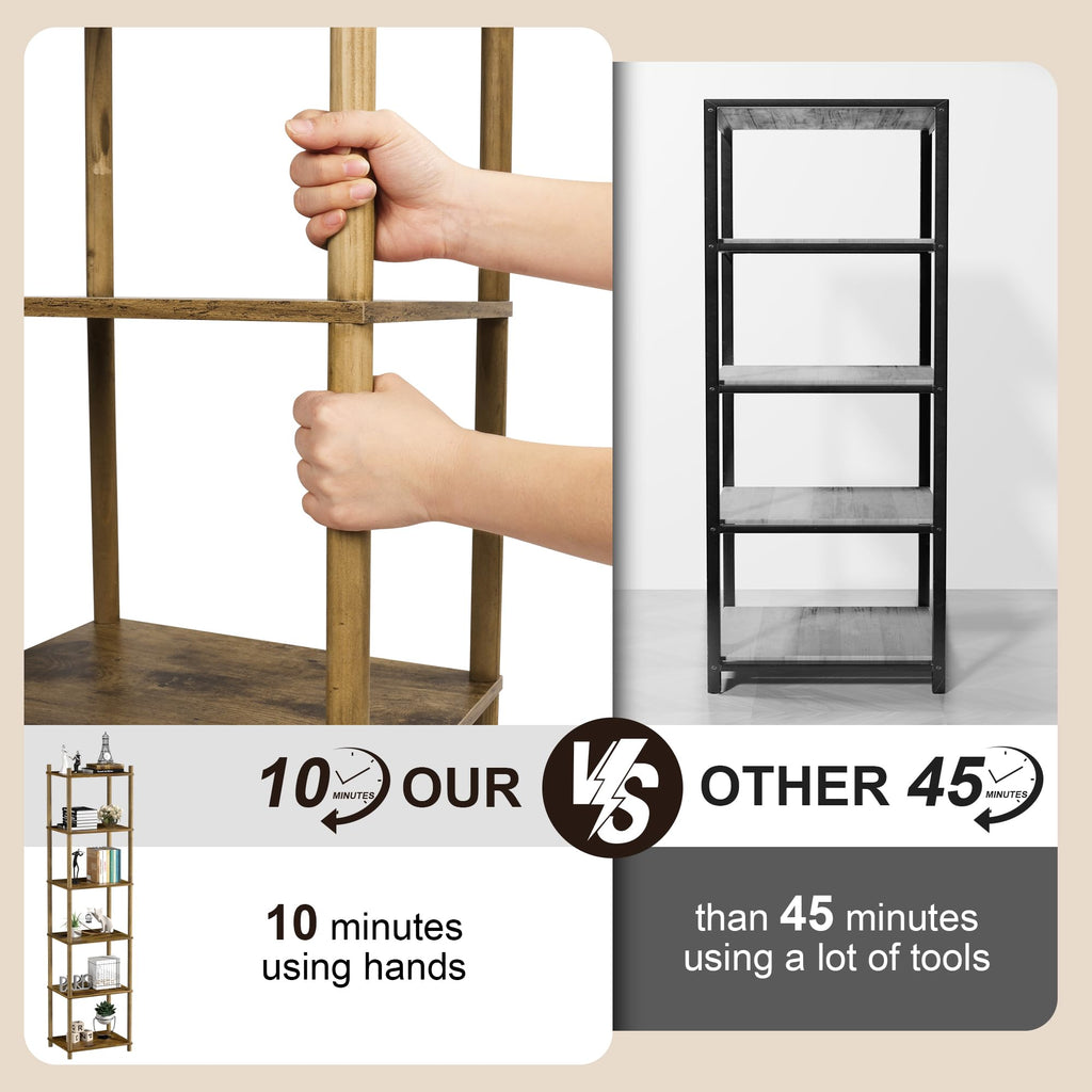 YGYQZ 6-Tier Narrow Bookshelf – Tall Rustic Brown Corner Storage Unit