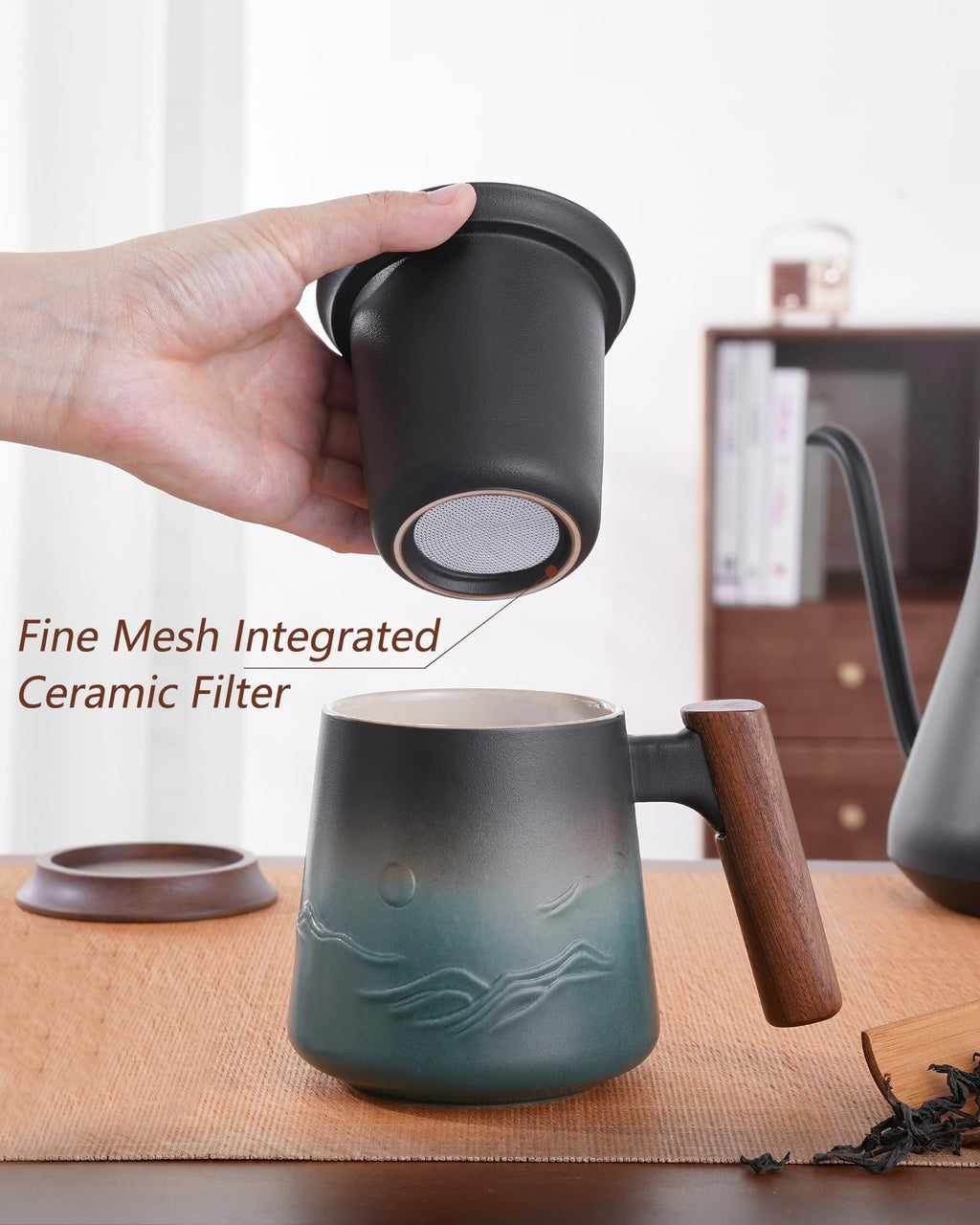 ZENS Panda Ceramic Tea Infuser Mug with Wood Handle & Saucer, 430ml