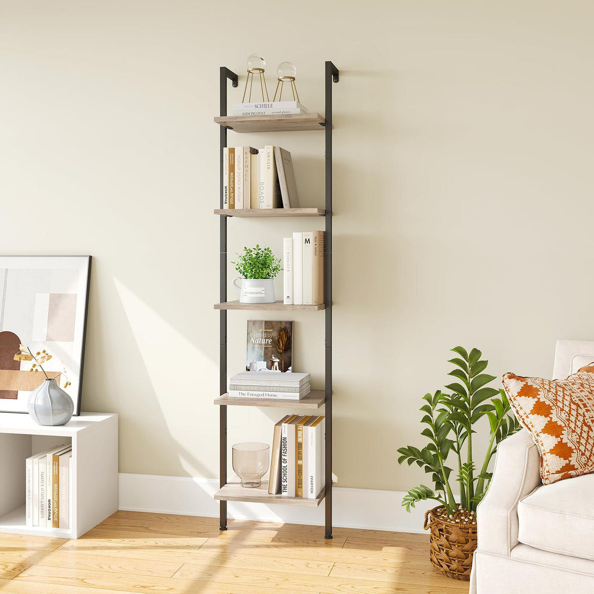 ELYKEN Slim Leaning Ladder Shelf Wall Mounted Wooden Narrow Shelf Unit - image 1