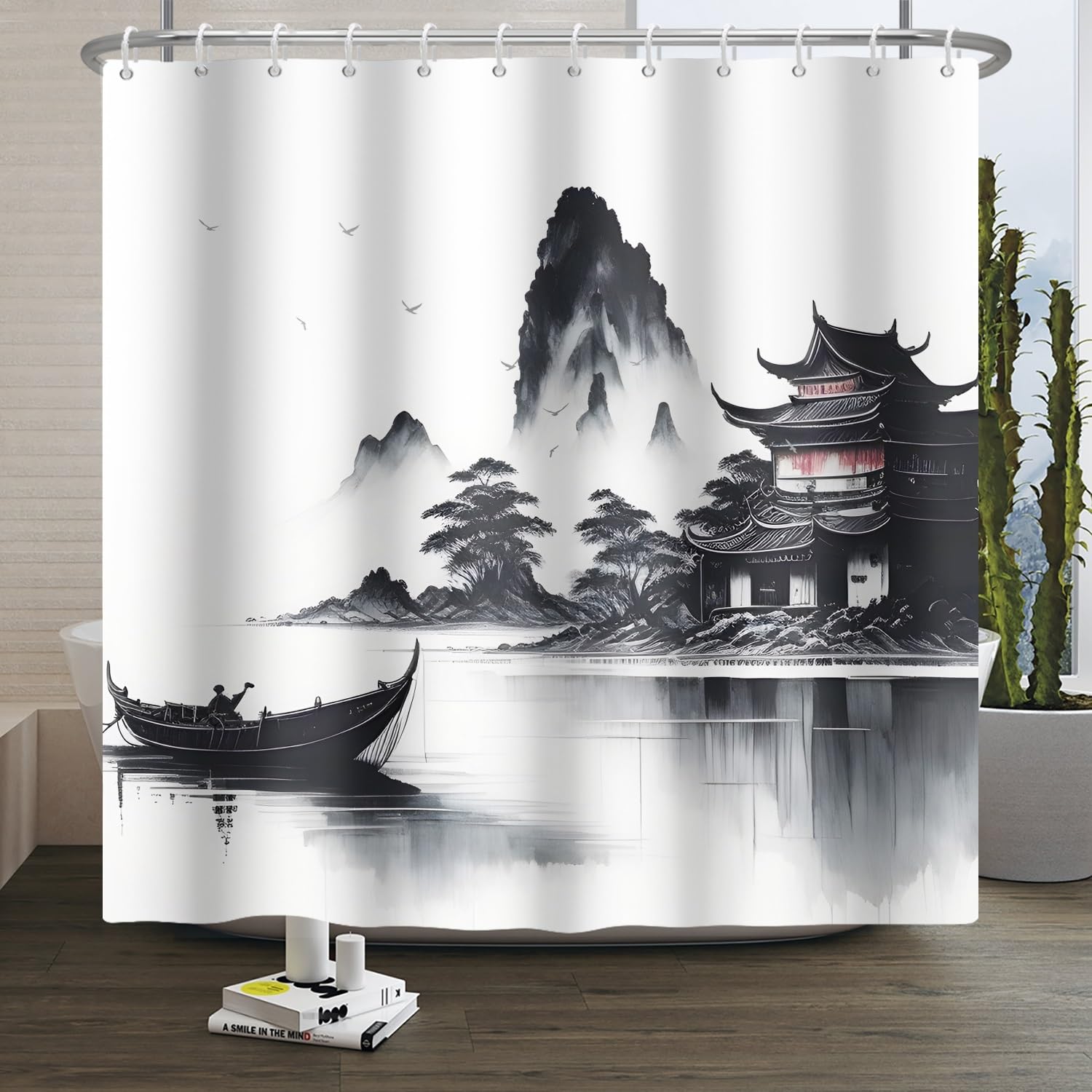 Xiaoterna Japanese Ink Painting Shower Curtain | Waterproof Polyester Decor