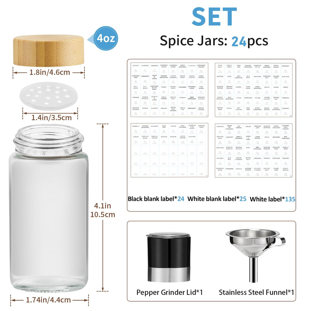 Yangbaga 24-Piece Glass Spice Jars with Bamboo Lids and Shaker Lids