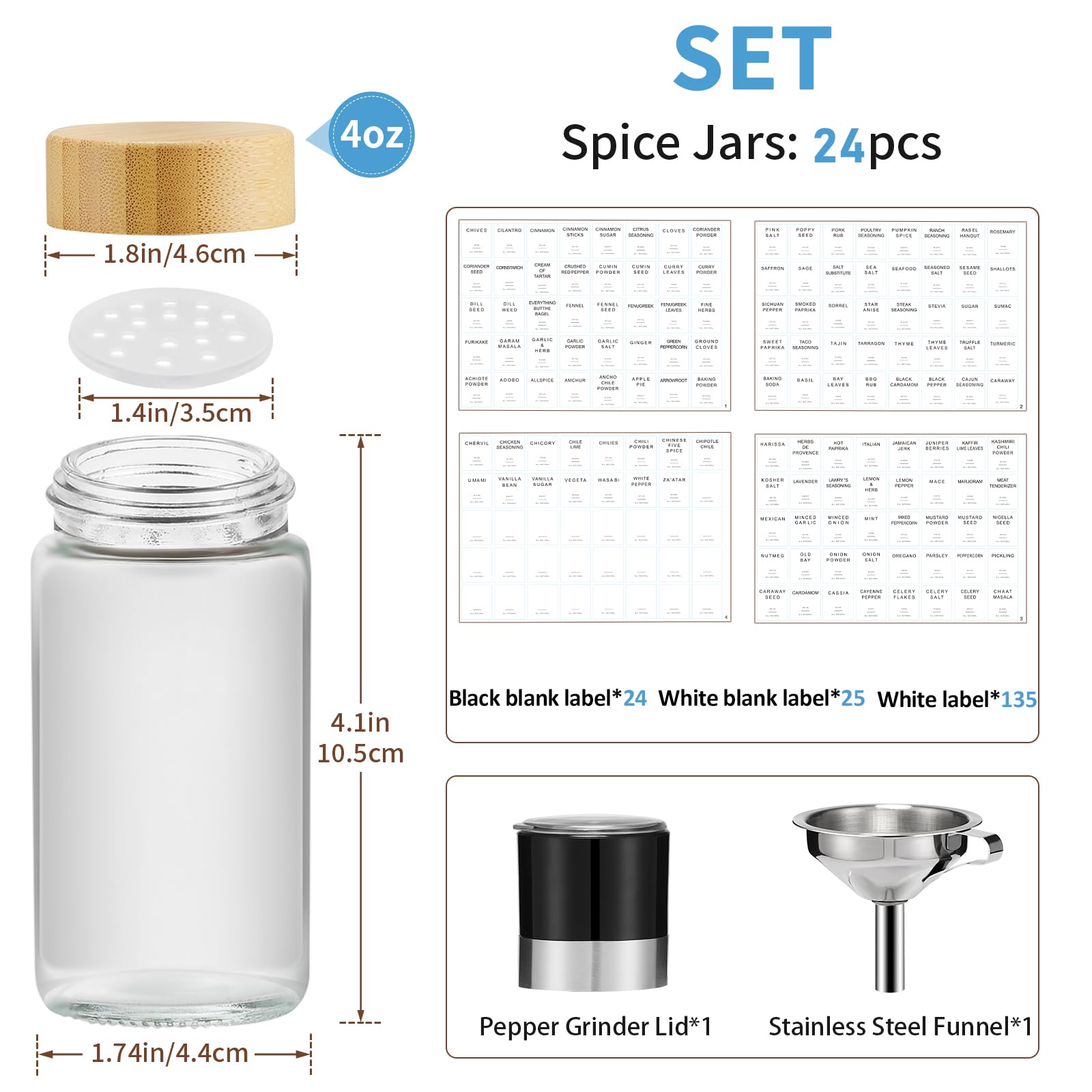 Yangbaga 24-Piece Glass Spice Jars with Bamboo Lids and Shaker Lids