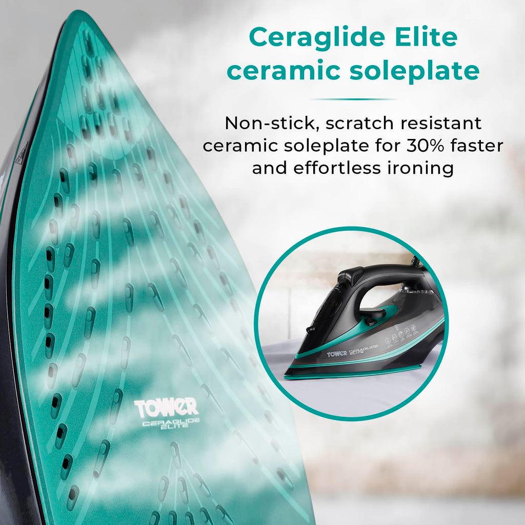 Tower CeraGlide 3100W Steam Iron with Ceramic Soleplate – Black & Teal