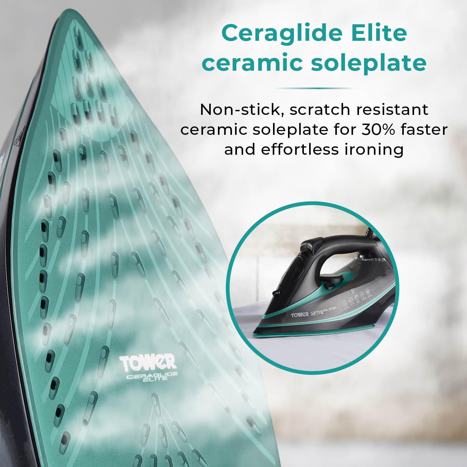 Tower CeraGlide 3100W Steam Iron with Ceramic Soleplate – Black & Teal