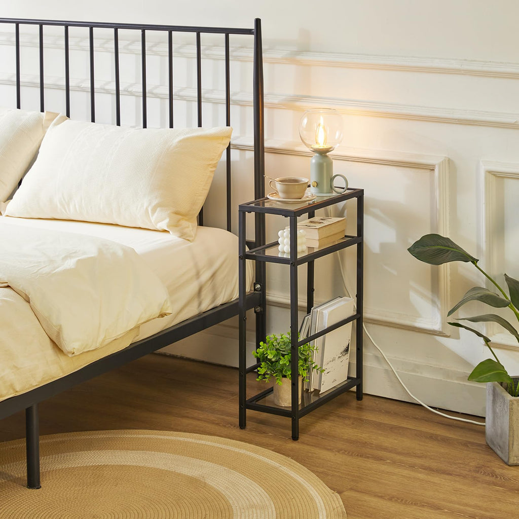 IBUYKE Narrow Side Table | 3-Tier Slim End Table with Glass Top - Black