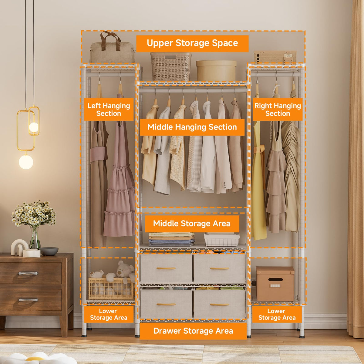 Himimi Heavy Duty Clothes Rail with 4 Fabric Drawers, 8 Adjustable Storage Shelves & 3 Hanging Rods, Freestanding Strong Garment Rack - image 5