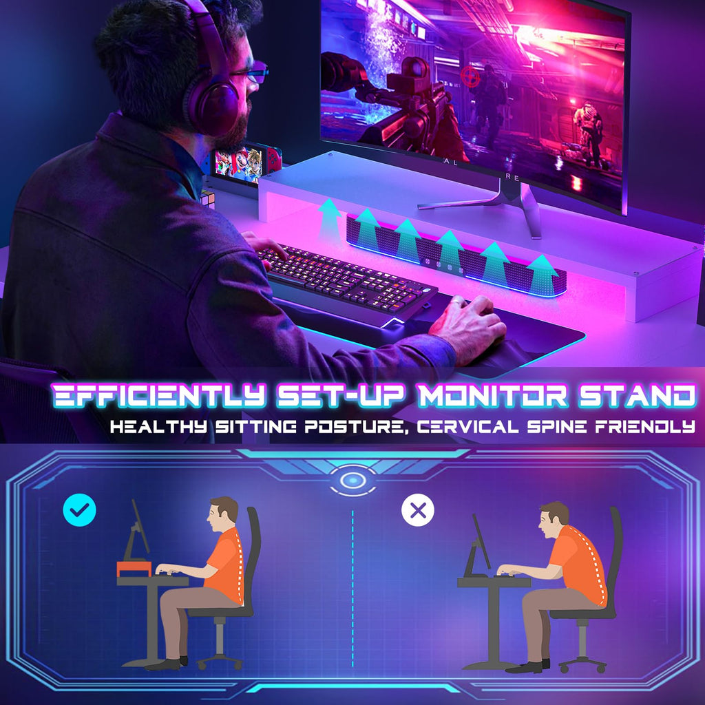 iSunirm Gaming Desk with LED Lights & Power Outlet, Reversible Computer Desk with Moveable Monitor Stand - image 4