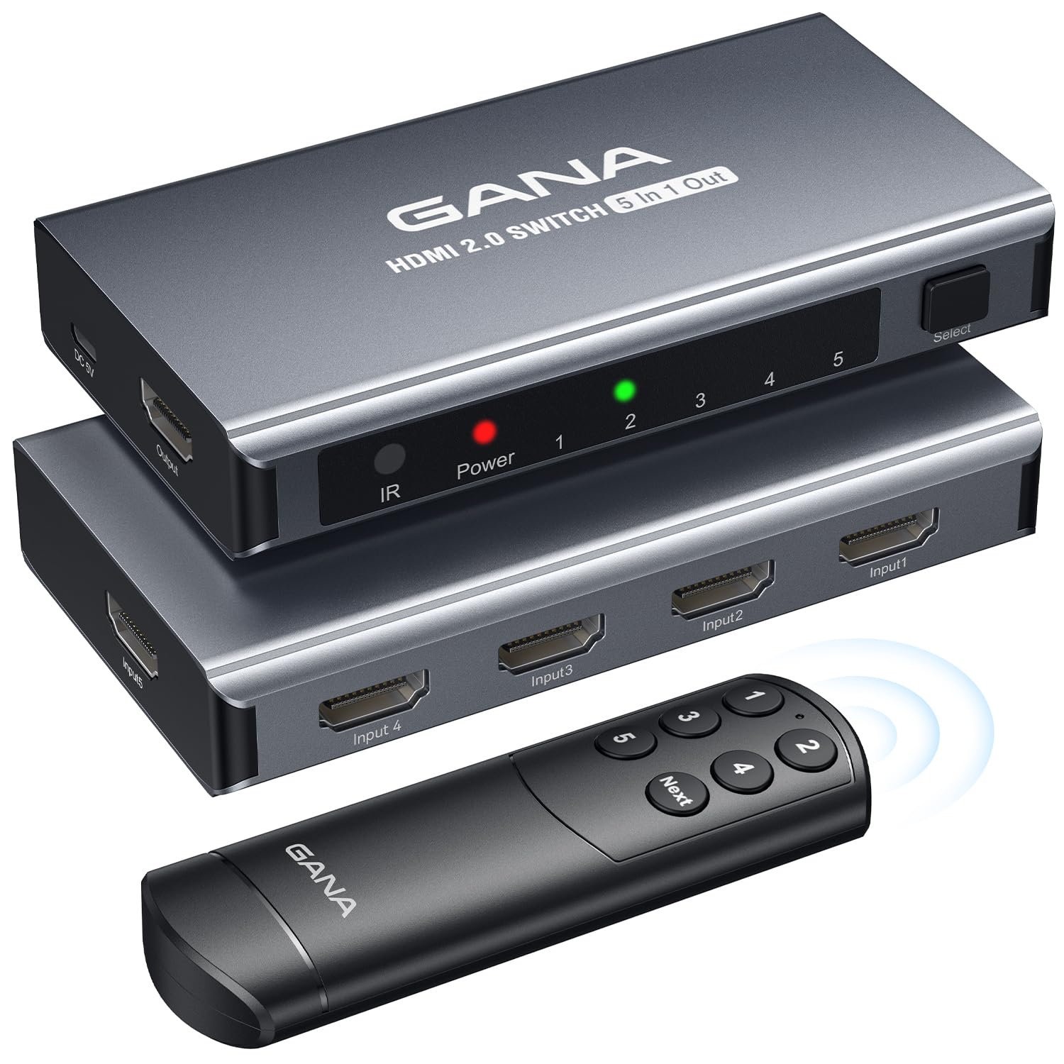 GANA 5-Port HDMI Switch 4K@60Hz Splitter with Remote for PS5 & Xbox