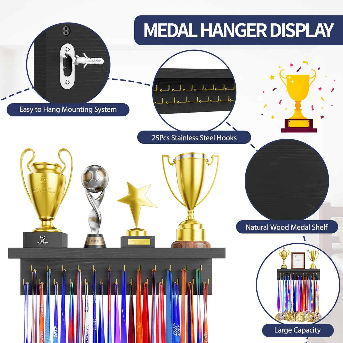 DSVENROLY Medal Holder Trophy Shelf Organizer, 25 Golden Hooks, Retro Grey - image 3
