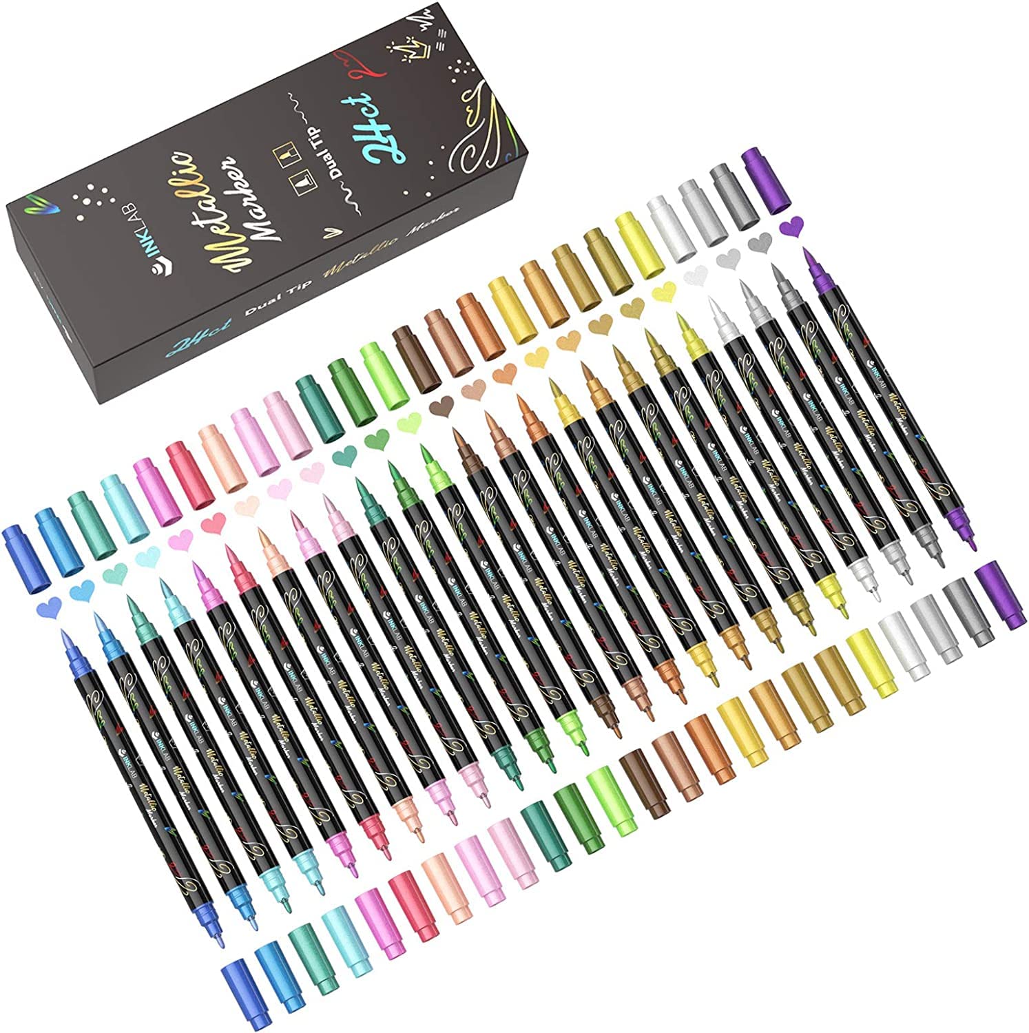 INK LAB Dual Tip Metallic Marker Pens - 24 Colors for Black Paper & Rock