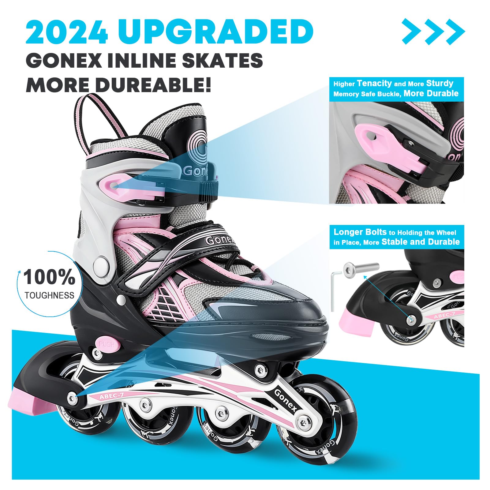 Gonex Kids Adjustable Inline Skates with 8 LED Flashing Wheels - Pink