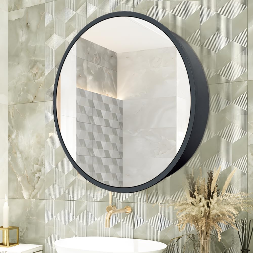 Janboe 24" Round Medicine Cabinet | Black Aluminum Mirror | Soft Close