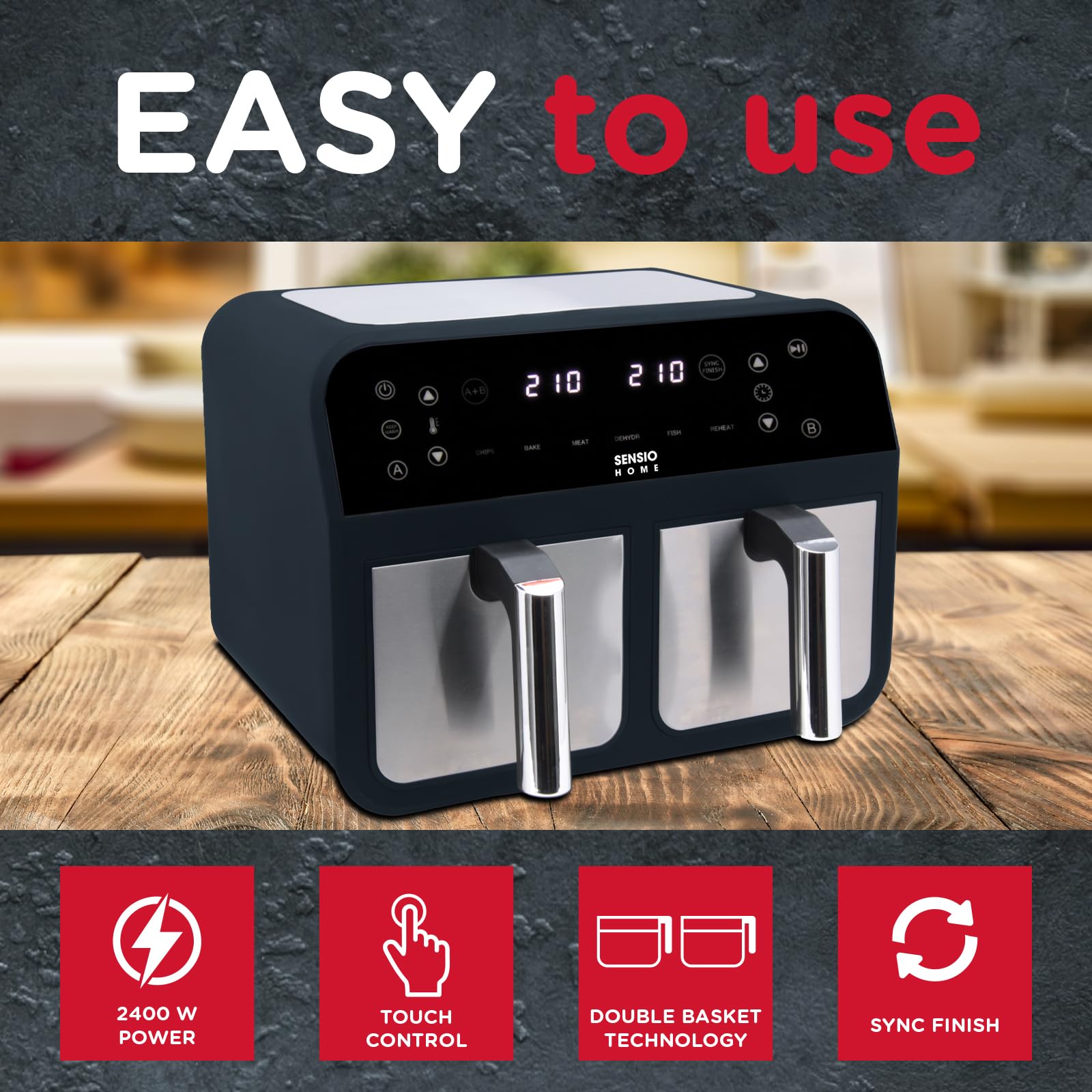 Sensio Home Dual Basket Air Fryer | 8L 8-in-1 Digital Smart Sync Finish