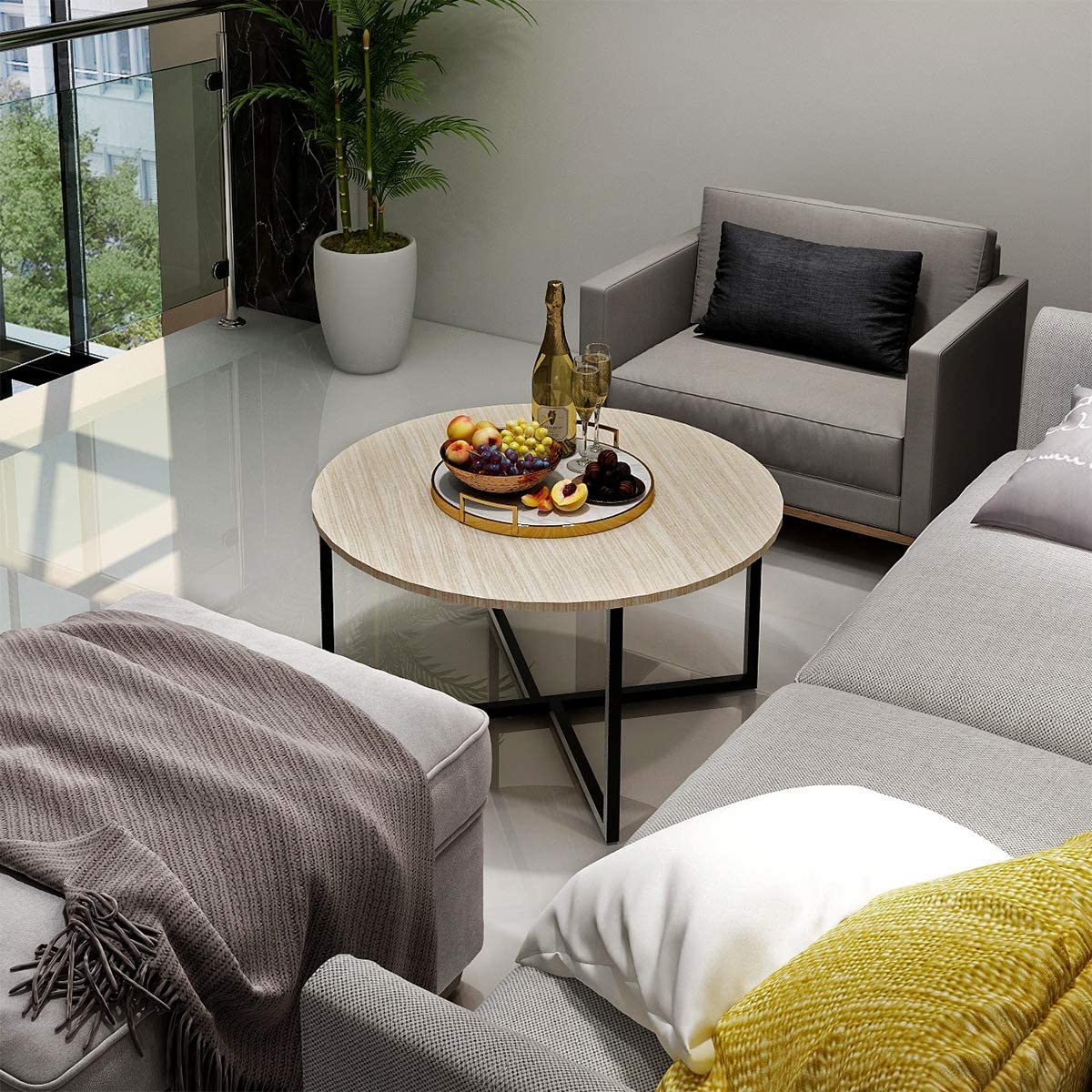 Jolof Store Round Coffee Table – Modern Wood and Metal Tea Table