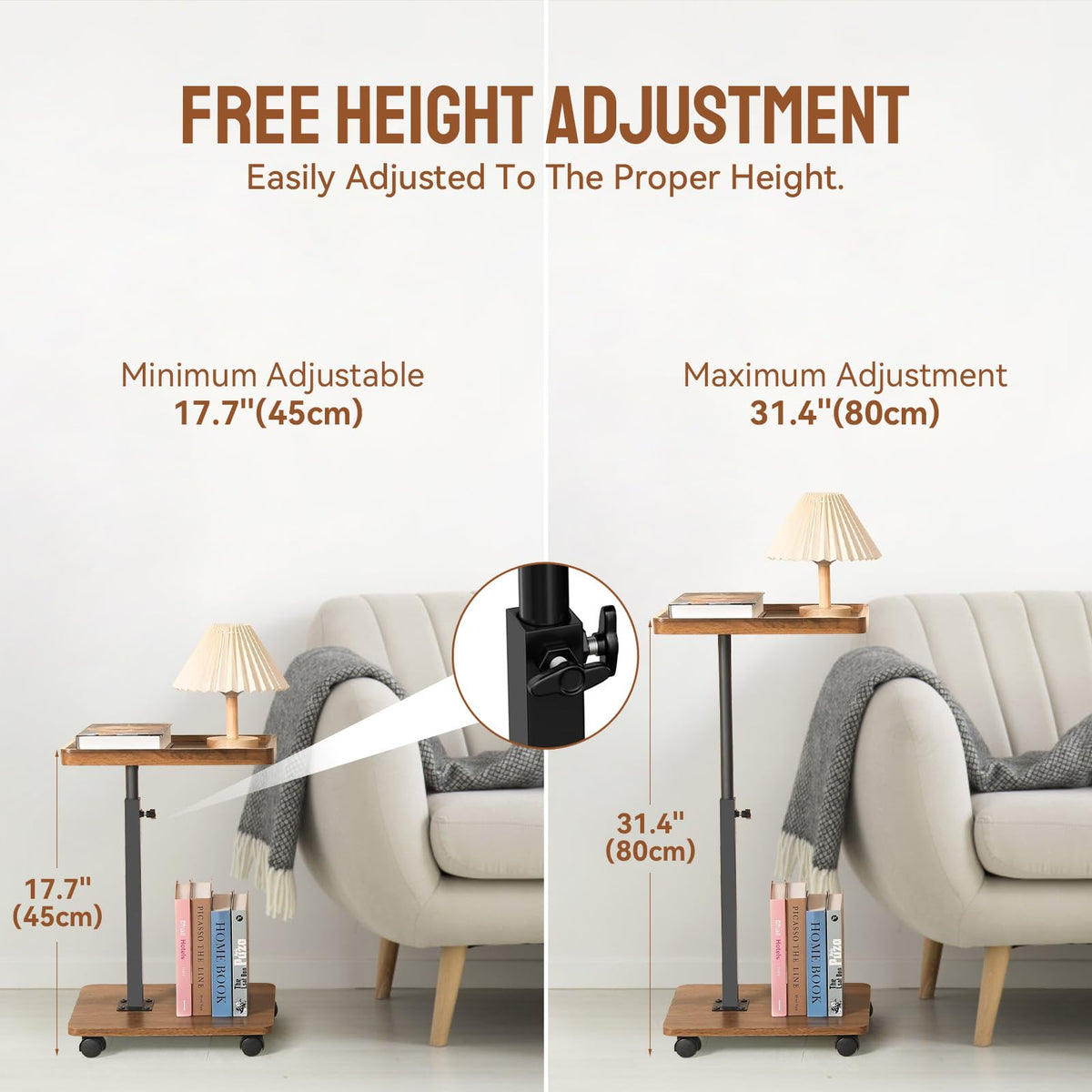 YYW Adjustable C Shaped Side Table with Wheels, 360° Swivel Sofa Table - image 3