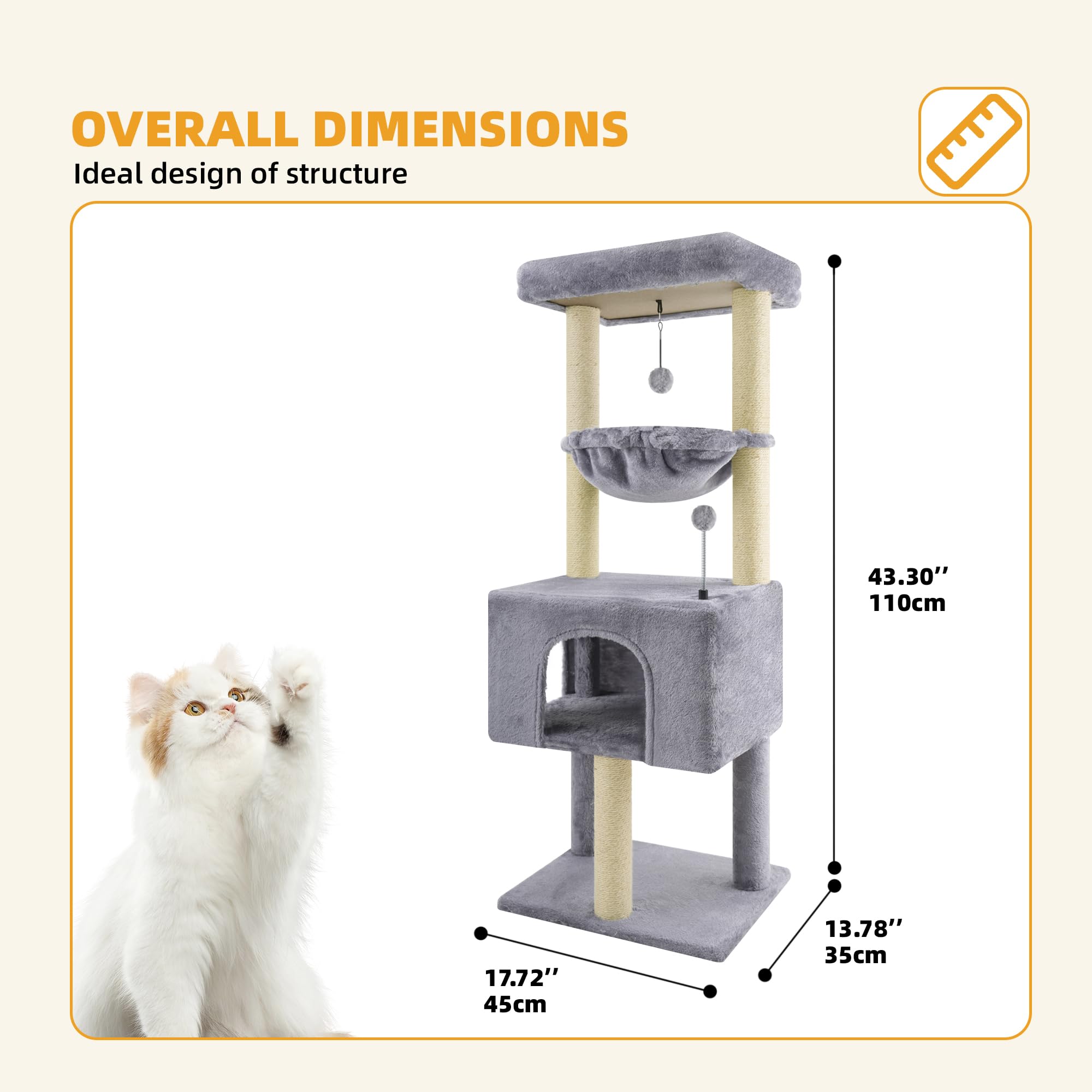 ROYPET 110cm Cat Tree Tower | Sisal Scratching Posts & Hammock - Grey