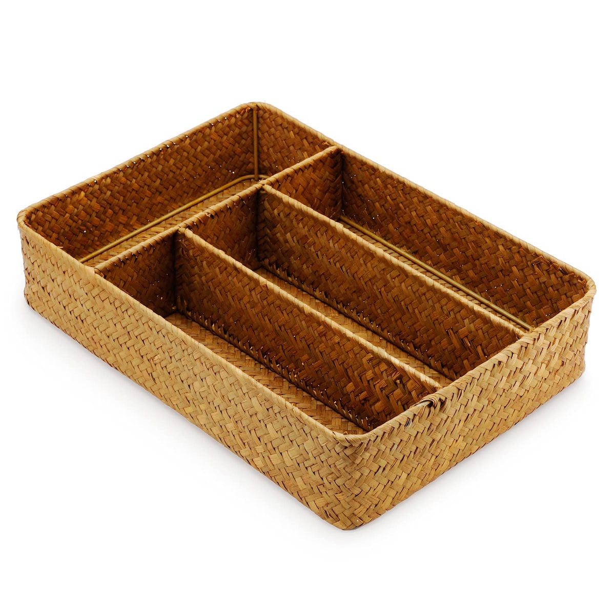 DECRAFTS Seagrass Storage Basket with Compartments Utensil Tray for Organization Silverware Flatware Rectangular Shelf Baskets with 4 Sections Natural - image 1