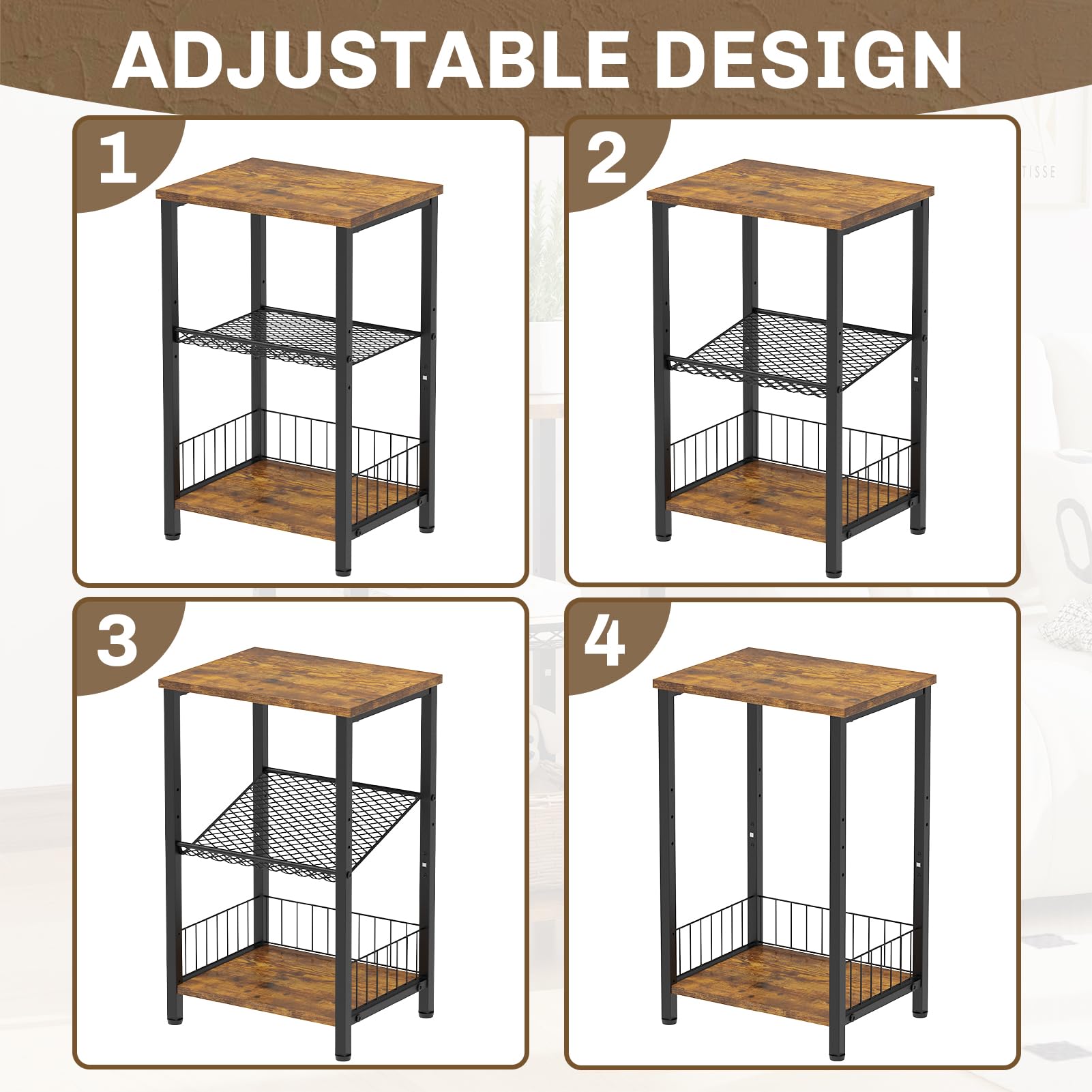 iDavosic.ly 3-Tier Industrial Side Table – Rustic Narrow Nightstand