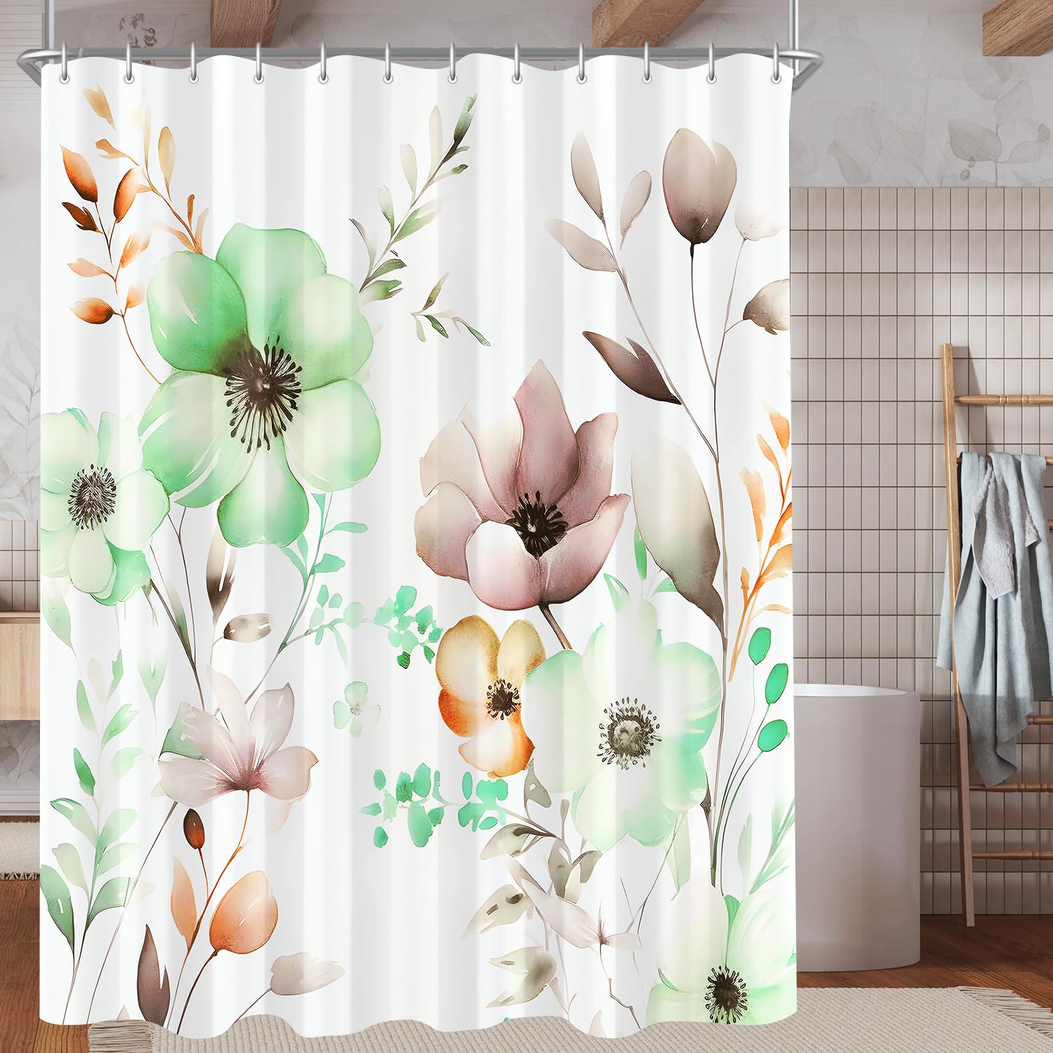 Lerores Floral Shower Curtain – Anti-Mould Waterproof Polyester, 180x170cm