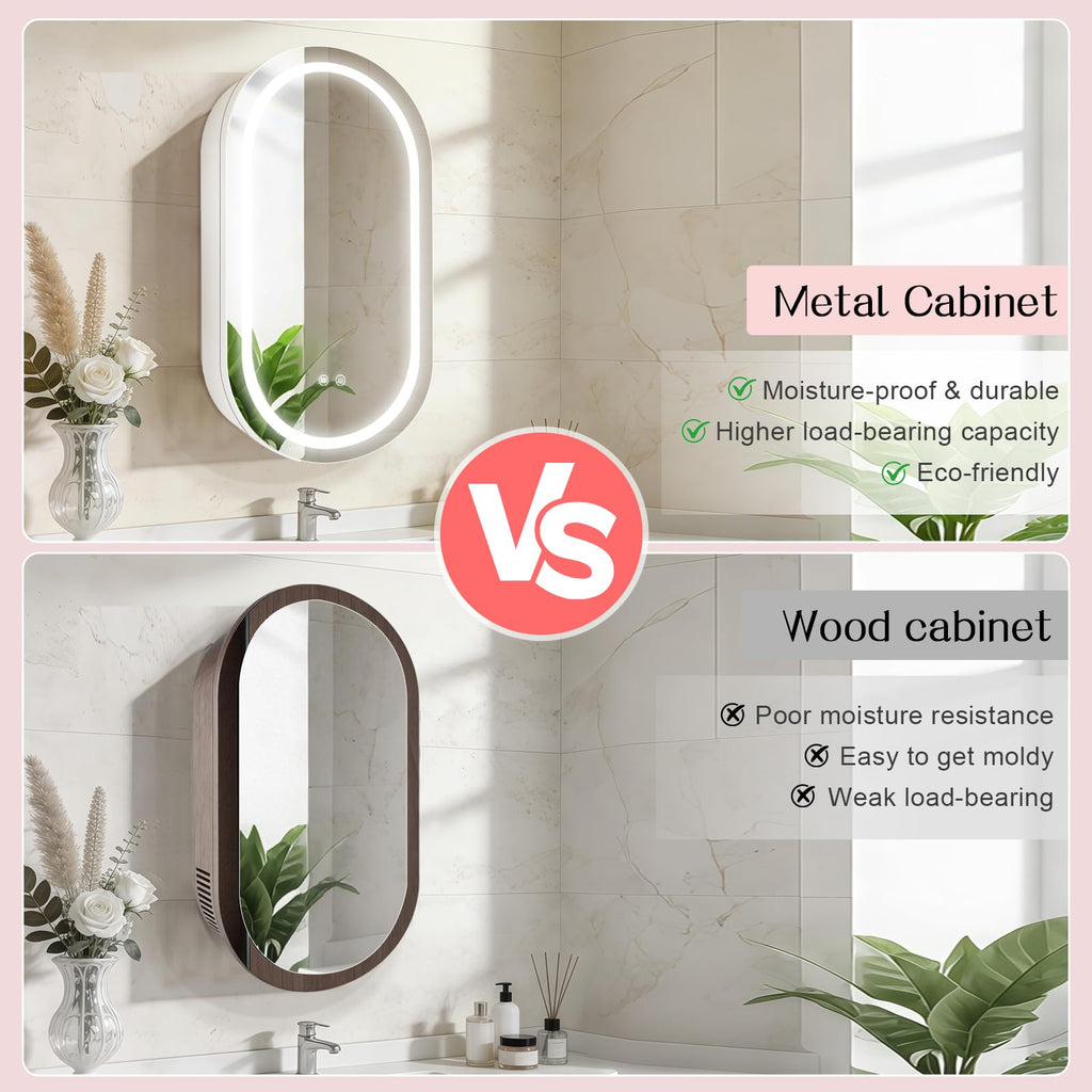 Janboe Oval Mirror Cabinet with Light,41×71cm,3 Colors&Dimmer,Defogger,Internal LIghting,Powerer Coating Iron,USB Shaver Socket,White - image 4
