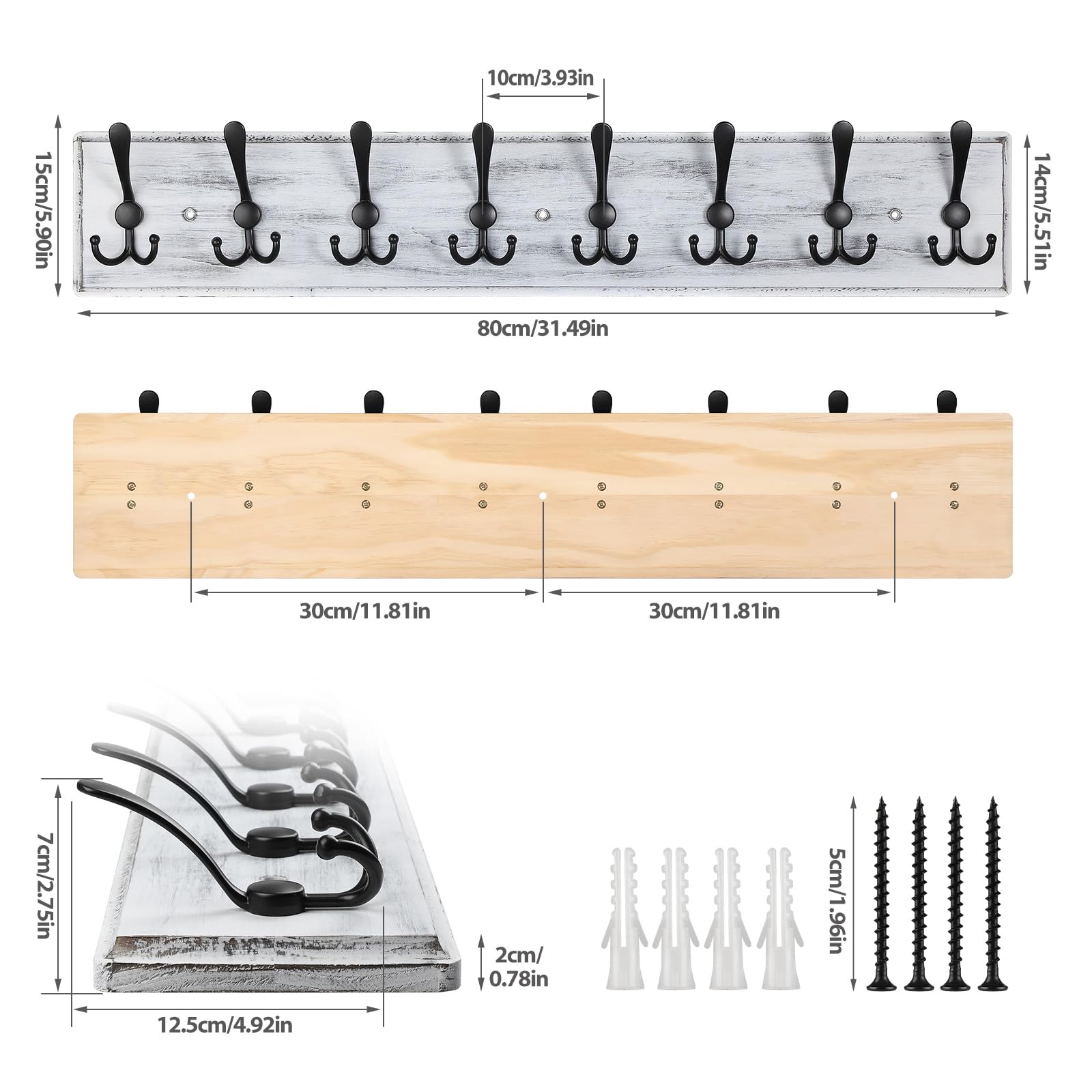 PHINGEER Wall Mounted Coat Rack | 8 Triple Hooks Heavy Duty Pine Wood