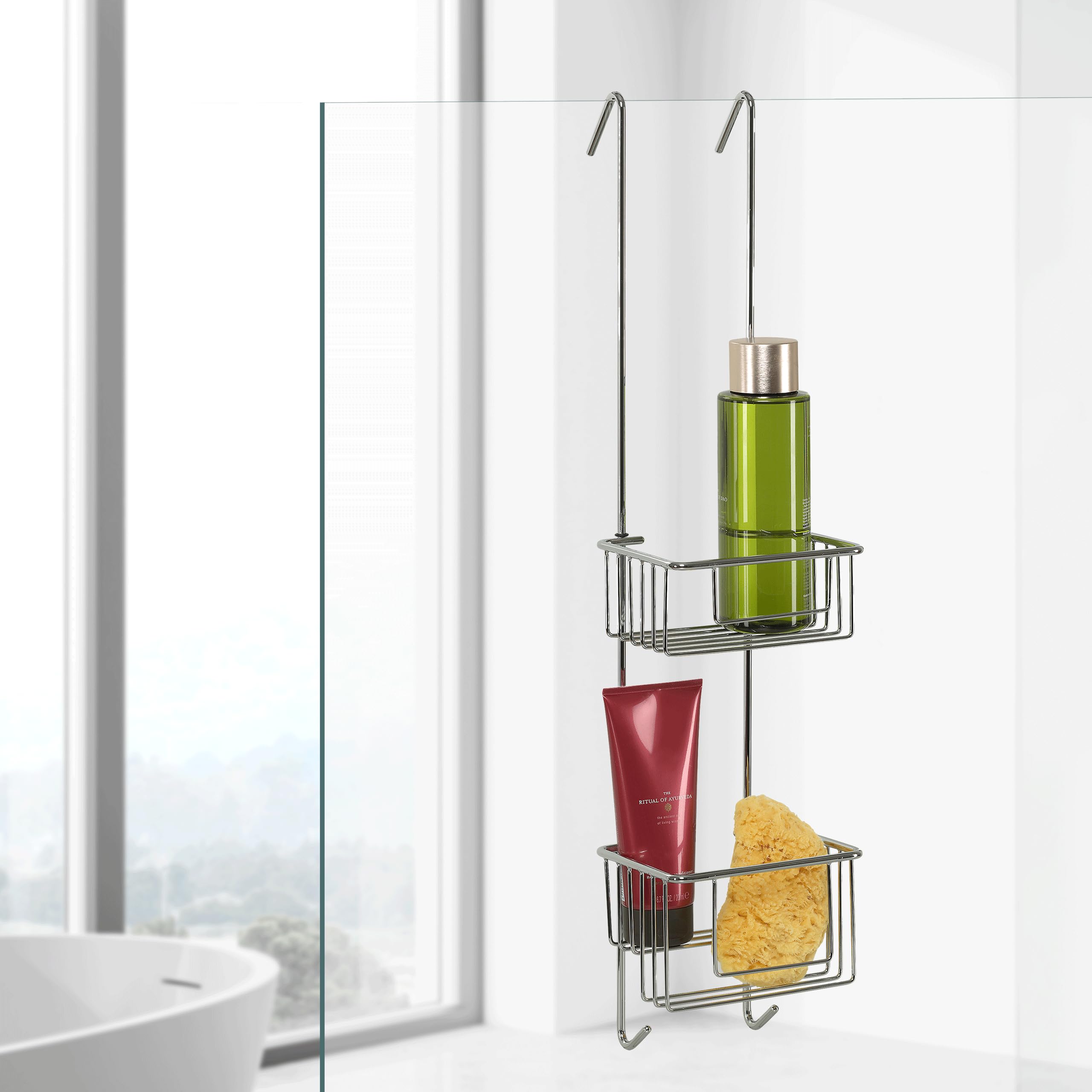 Kowald 2-Tier Hanging Shower Caddy – Rustproof Chrome No-Drill Shelf