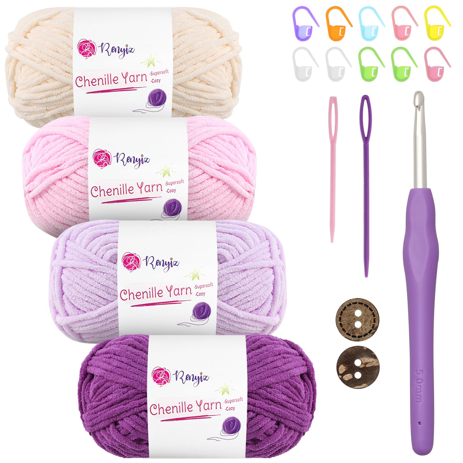 Renyiz Chunky Chenille Yarn – 4x50g Soft Fluffy Wool for Baby Blankets