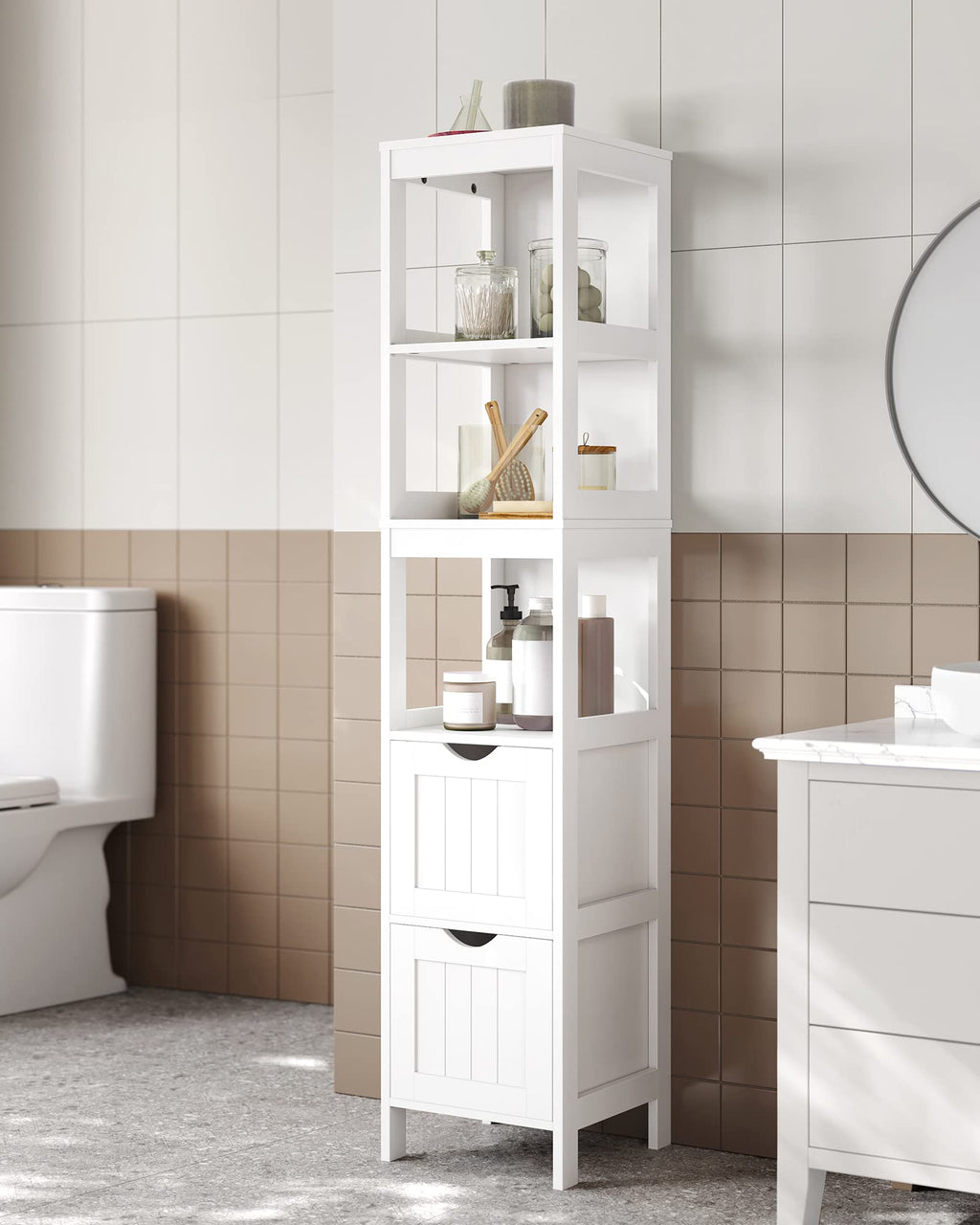 VASAGLE Modern Bathroom Floor Cabinet – White Storage Unit with 2 Drawers