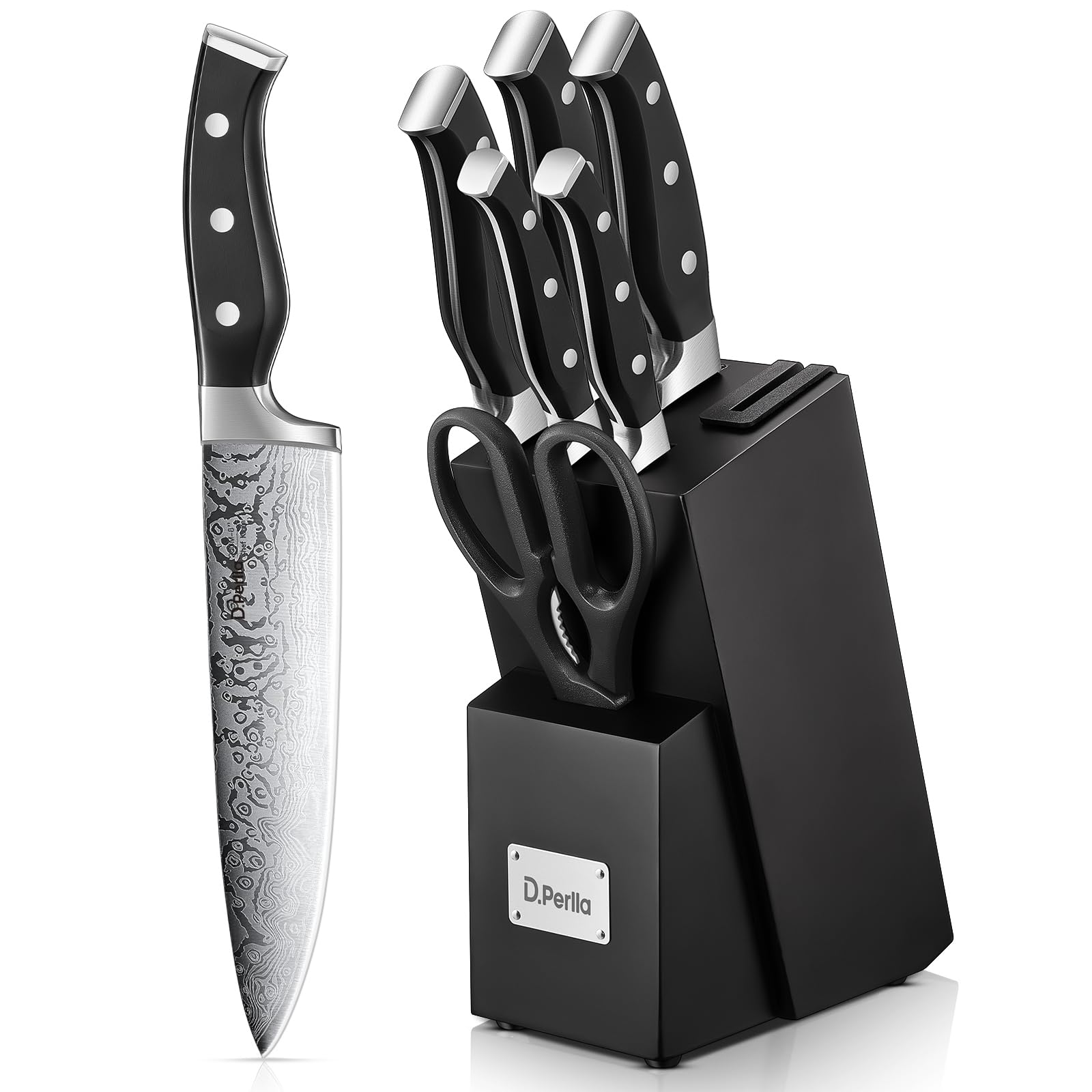 D.Perlla 7-Piece Kitchen Knife Set | Self-Sharpening German Steel Block