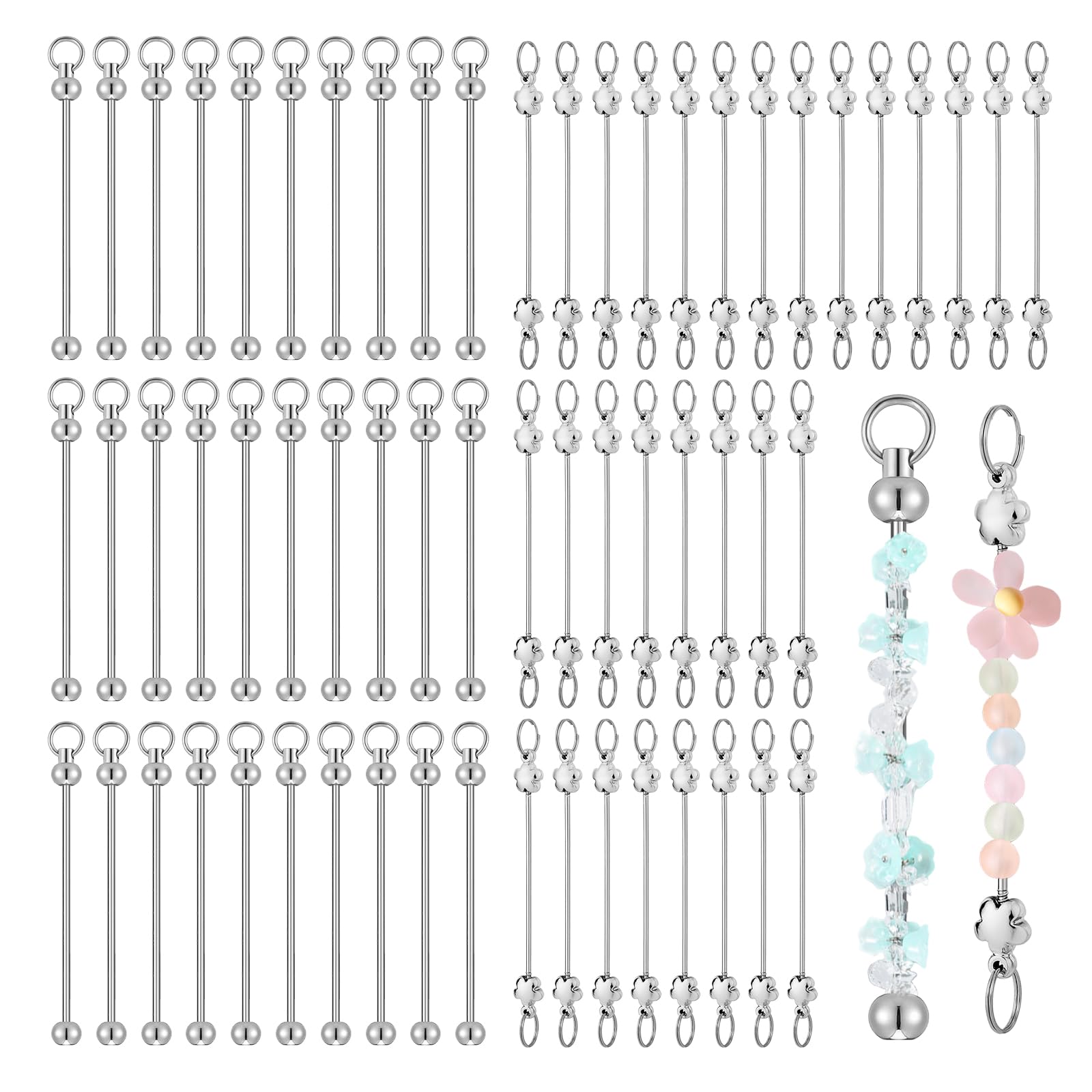 60 Pcs Beadable Keychain Kit – Silver DIY Keyring Making Set