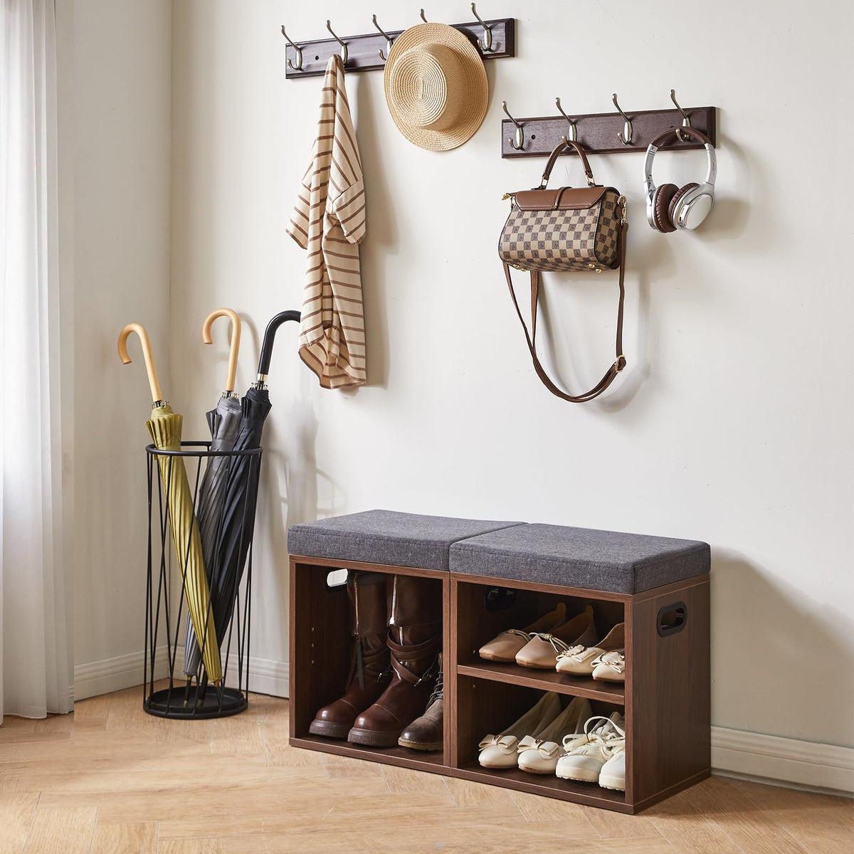 YMYNY Small Shoe Storage Bench with Cushion, Light Walnut HBD028LW - image 5
