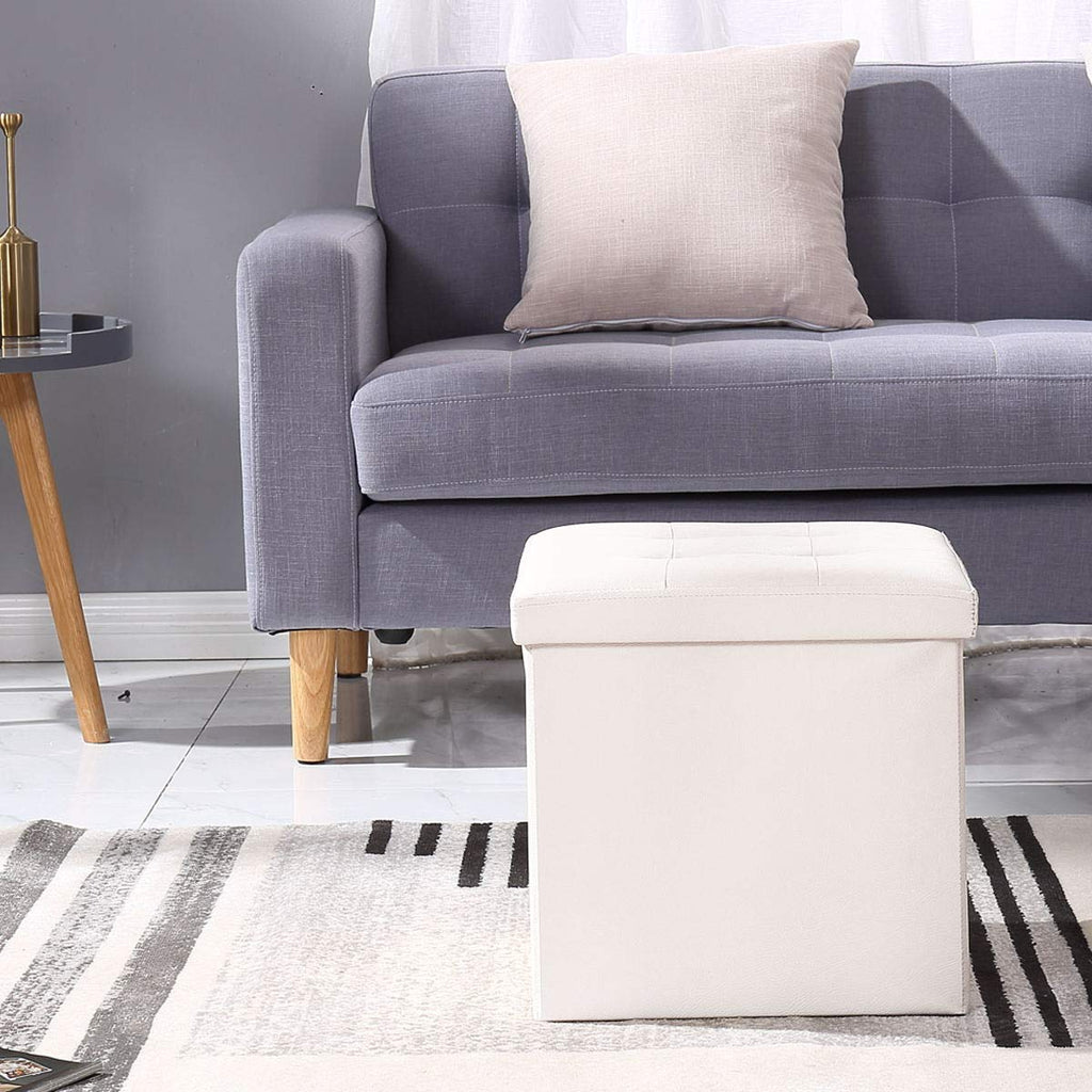 BRIAN & DANY Folding Ottoman Storage Box with Lid, Faux Leather Footstool Toy Storage Box Storage Seat 38 x 38 x 38 cm White