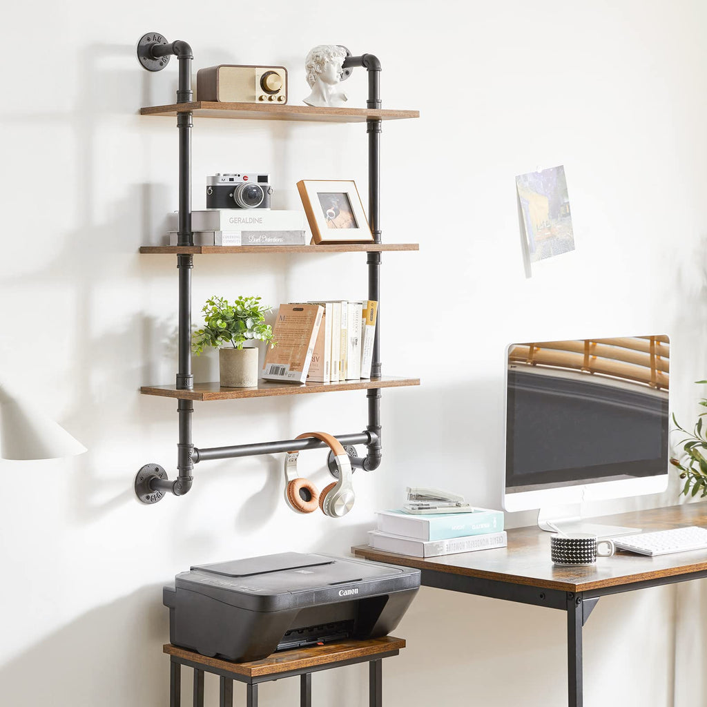 YMYNY 3-Tier Industrial Pipe Wall Mount Shelves | Rustic Wood Bookshelf