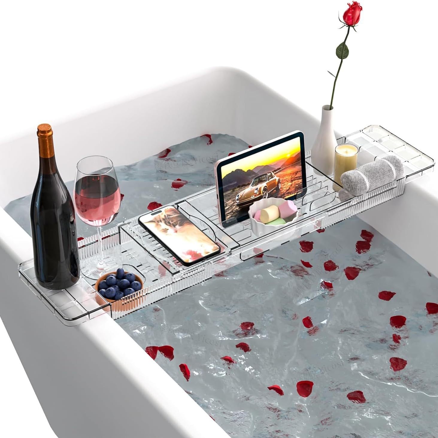 DHSUN Transparent Bath Caddy Tray – Adjustable Bathtub Shelf with iPad Holder