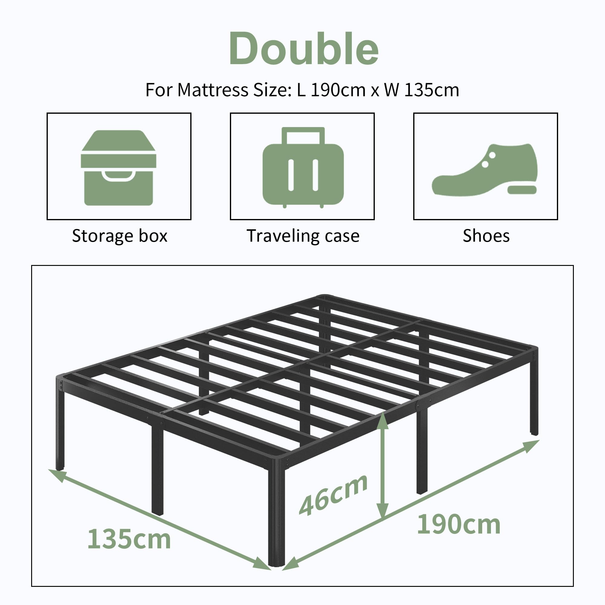 Lutown-Teen Heavy Duty Metal Double Bed Frame - 4ft6 with Steel Slats