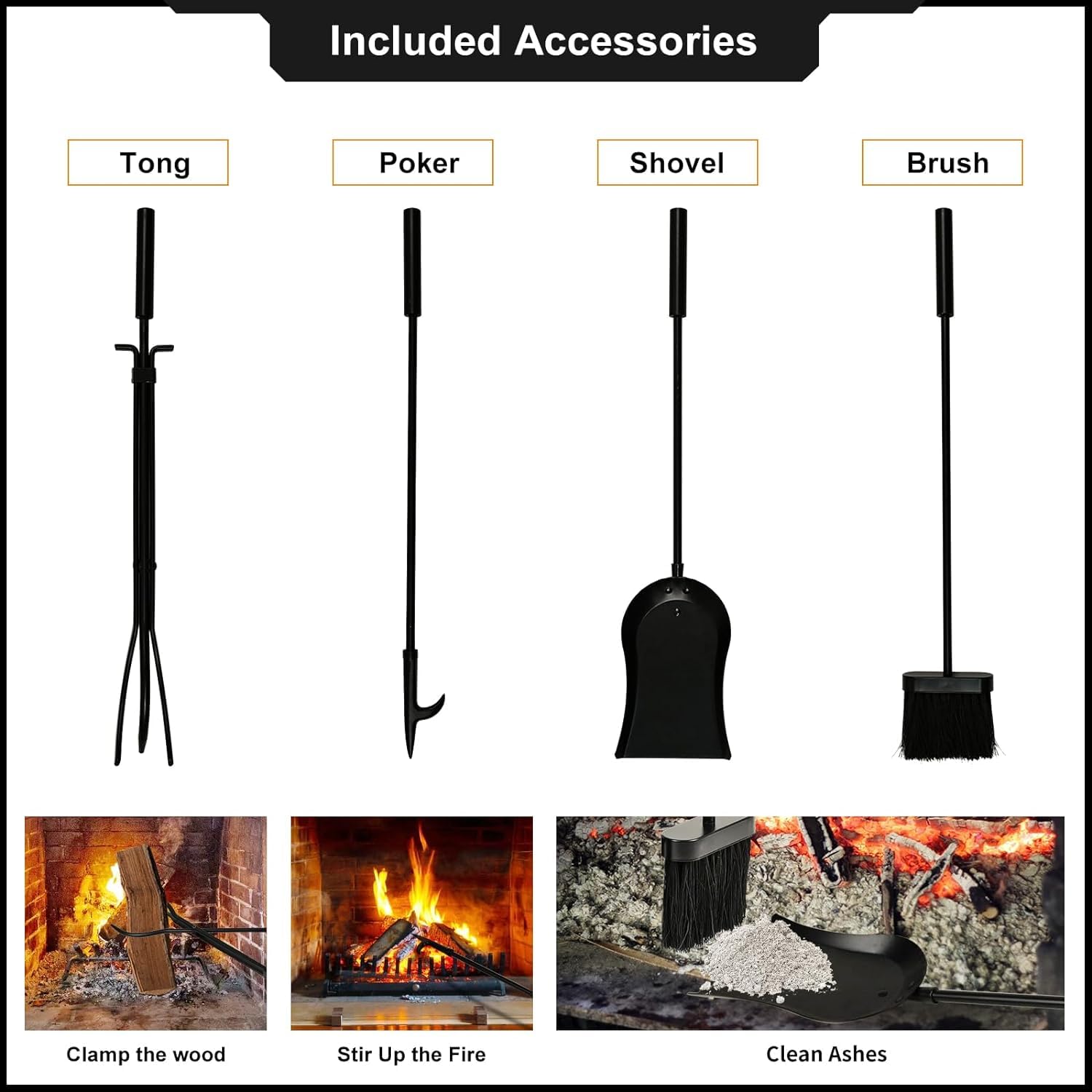Amagabeli Wrought Iron Fireplace Log Rack with 4 Tools - Indoor Outdoor