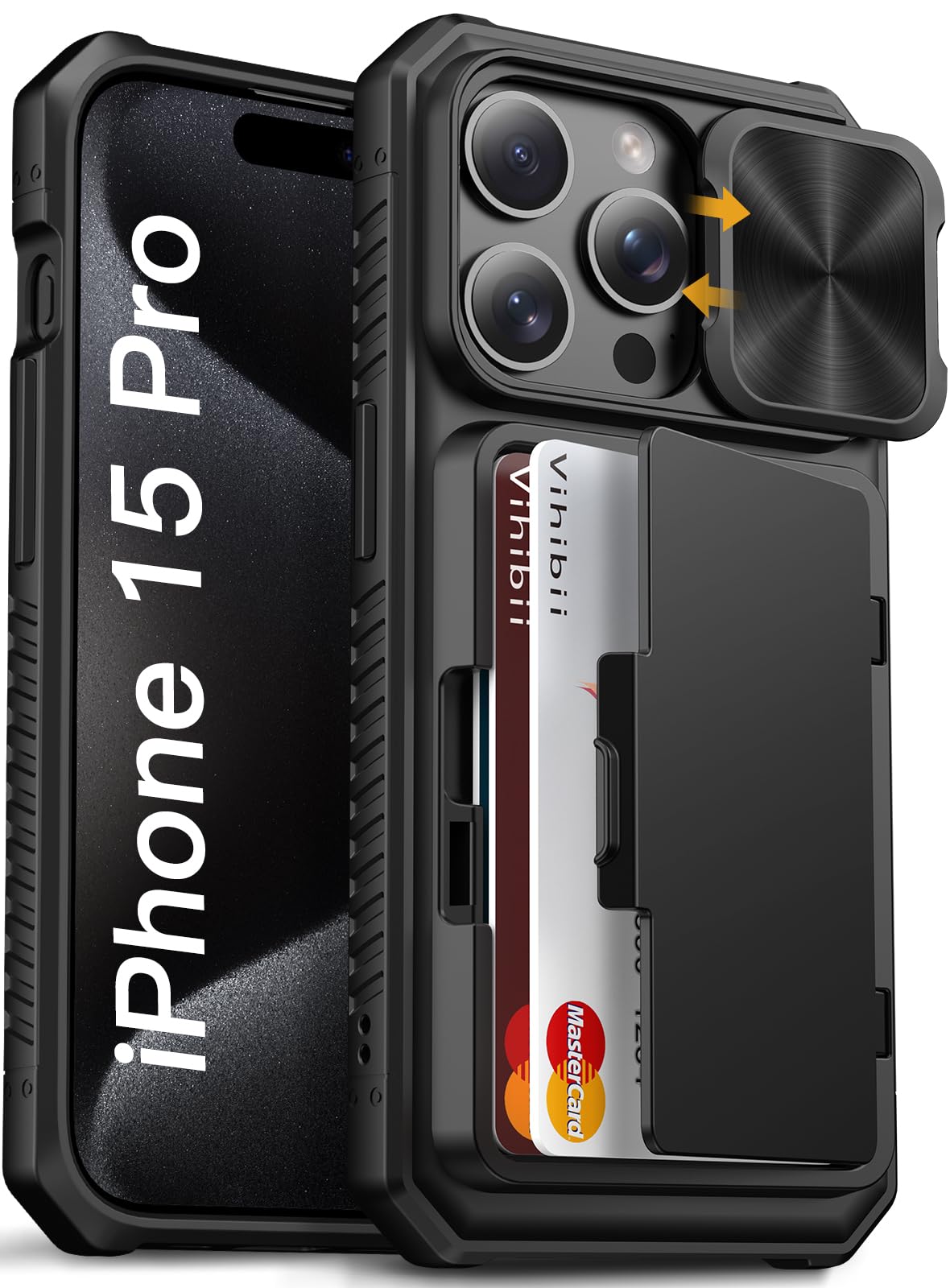 Vihibii iPhone 15 Pro Wallet Case – Rugged Shockproof with Camera Cover