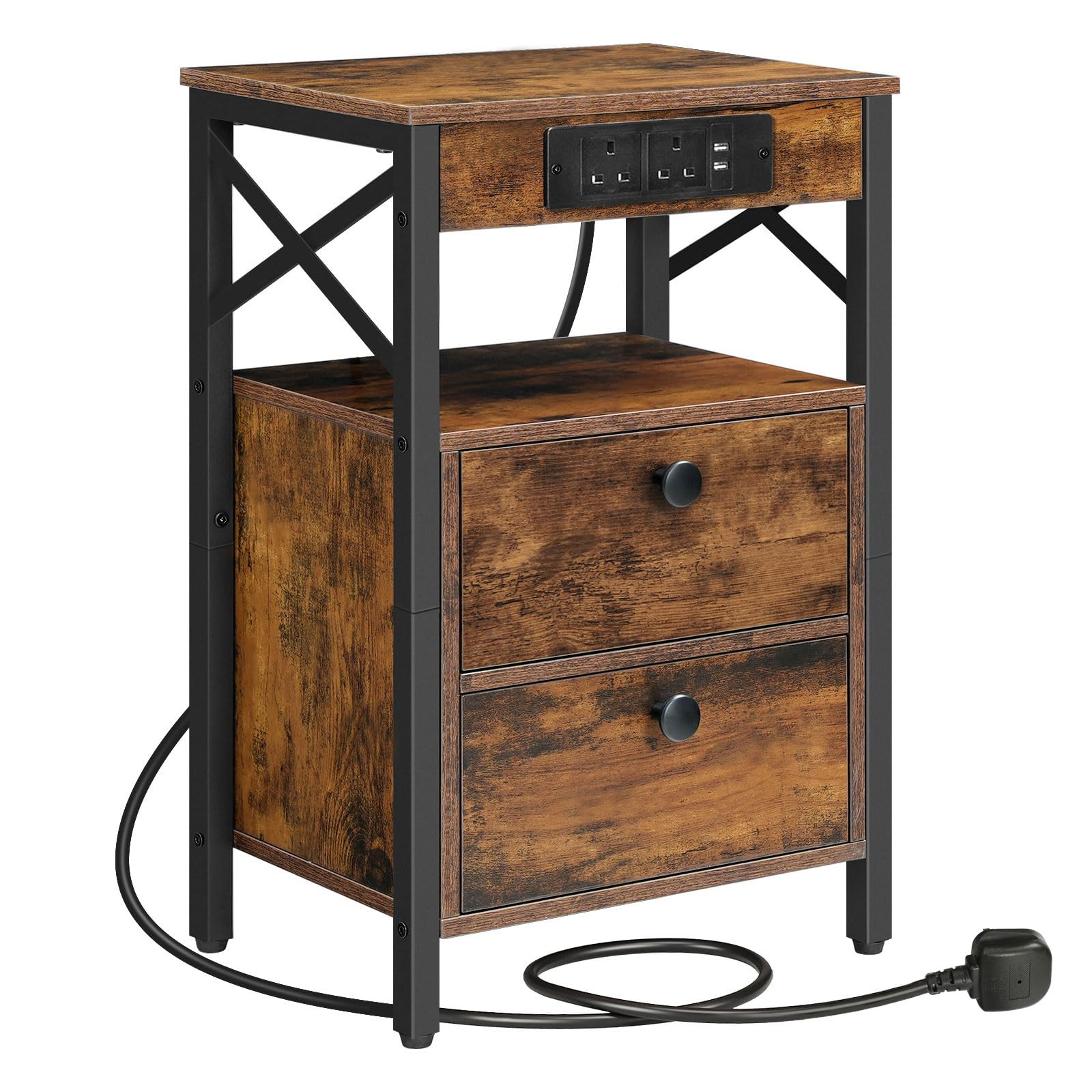 HOOBRO Bedside Table with Charging Station - 2 Drawers, Rustic Brown