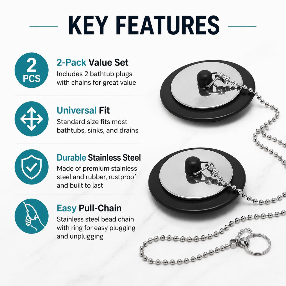 2 Pcs Bath Plug with Stainless Steel Chain for Bathroom & Kitchen - image 4
