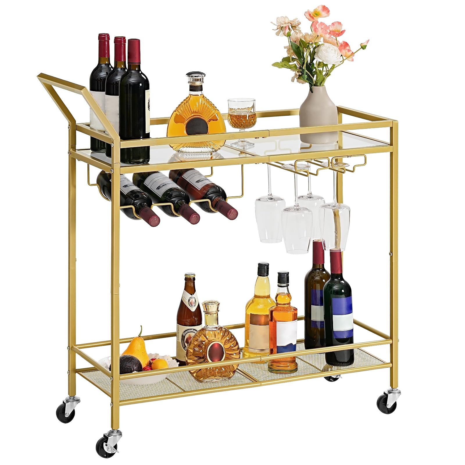 HOOBRO Gold Bar Cart – Mobile Drinks Trolley with Wine & Glass Rack