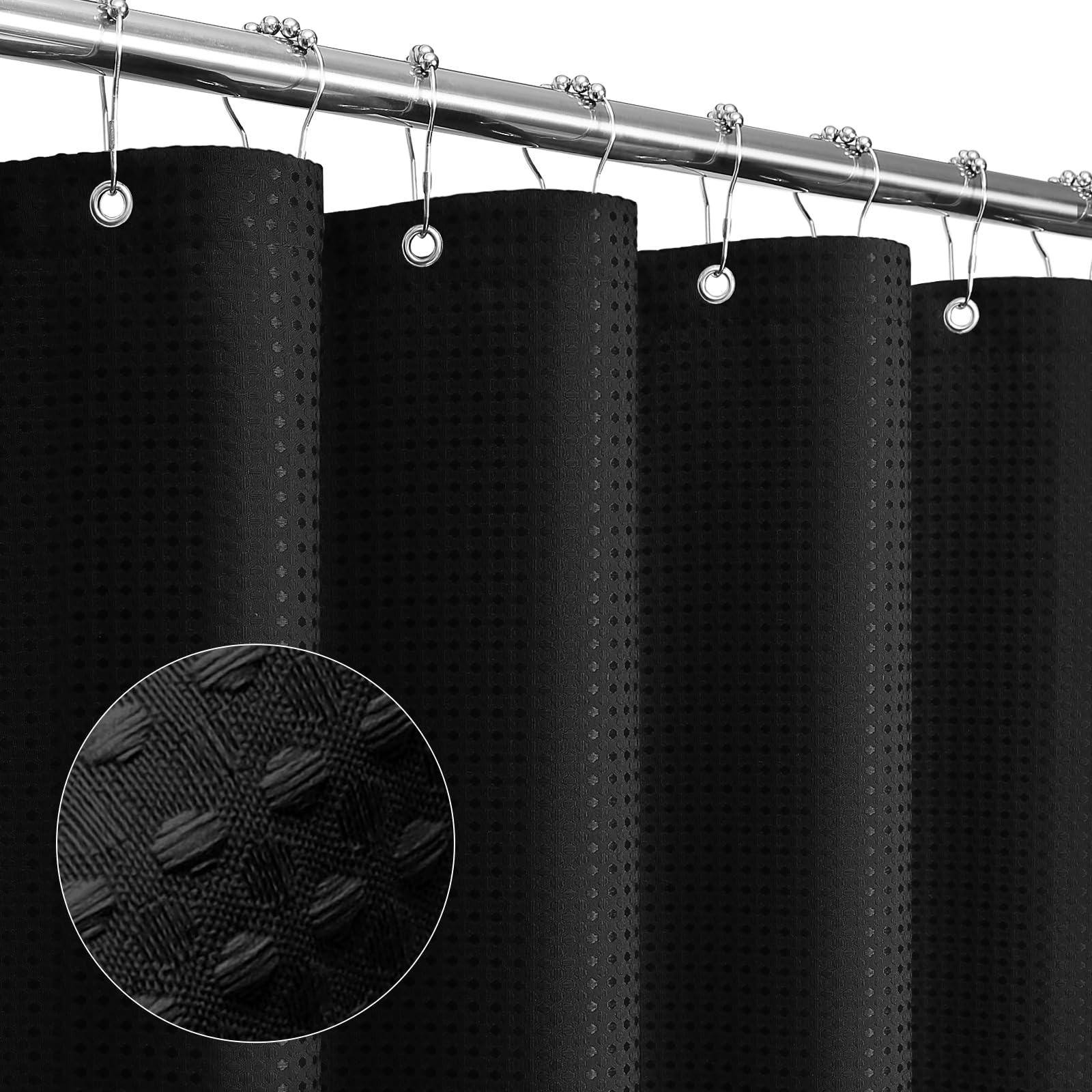Jolof Store Black Waffle Weave Shower Curtain – Luxury Fabric Bath Decor