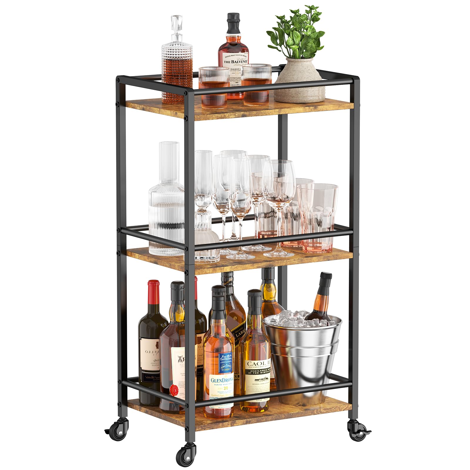 Lifewit 3-Tier Rolling Bar Cart | Rustic Brown Metal Serving Trolley
