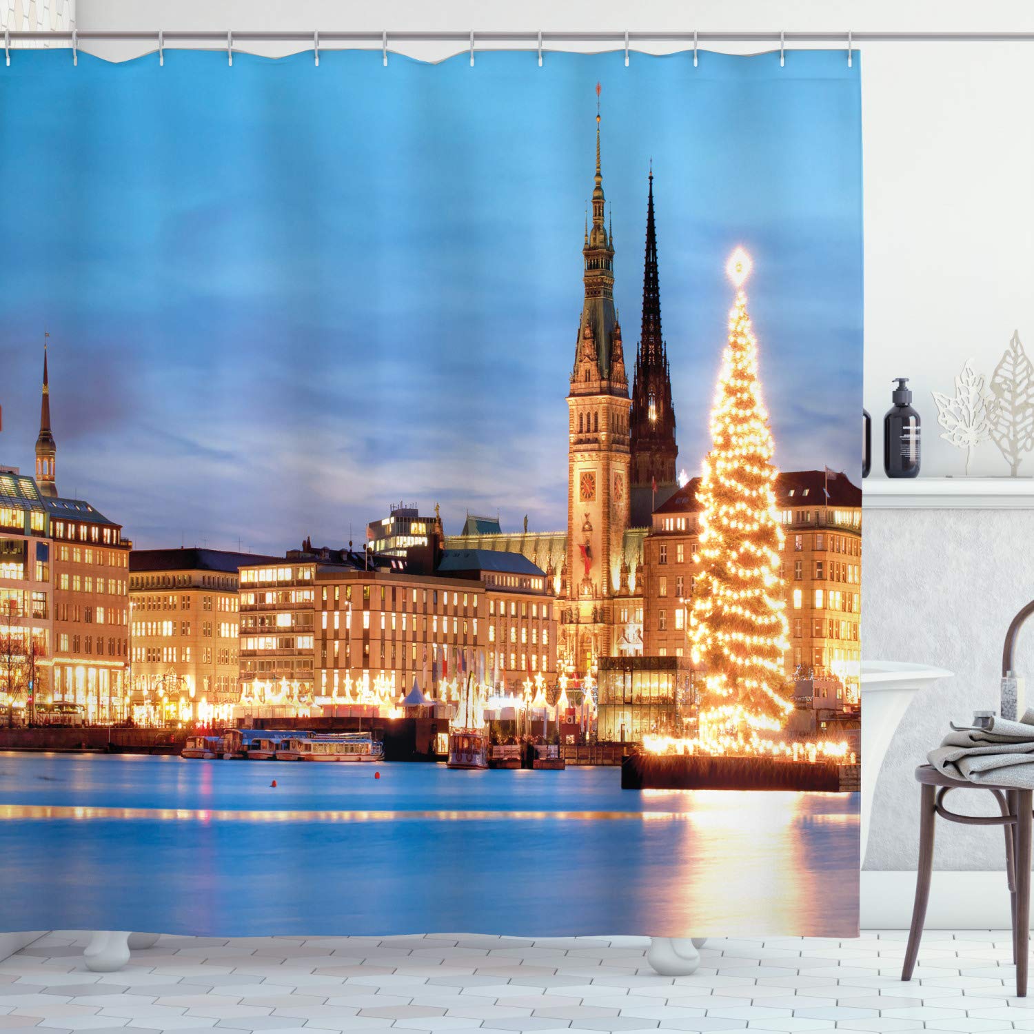 ABAKUHAUS Winter Shower Curtain – Hamburg Old Town Hall Fabric Decor
